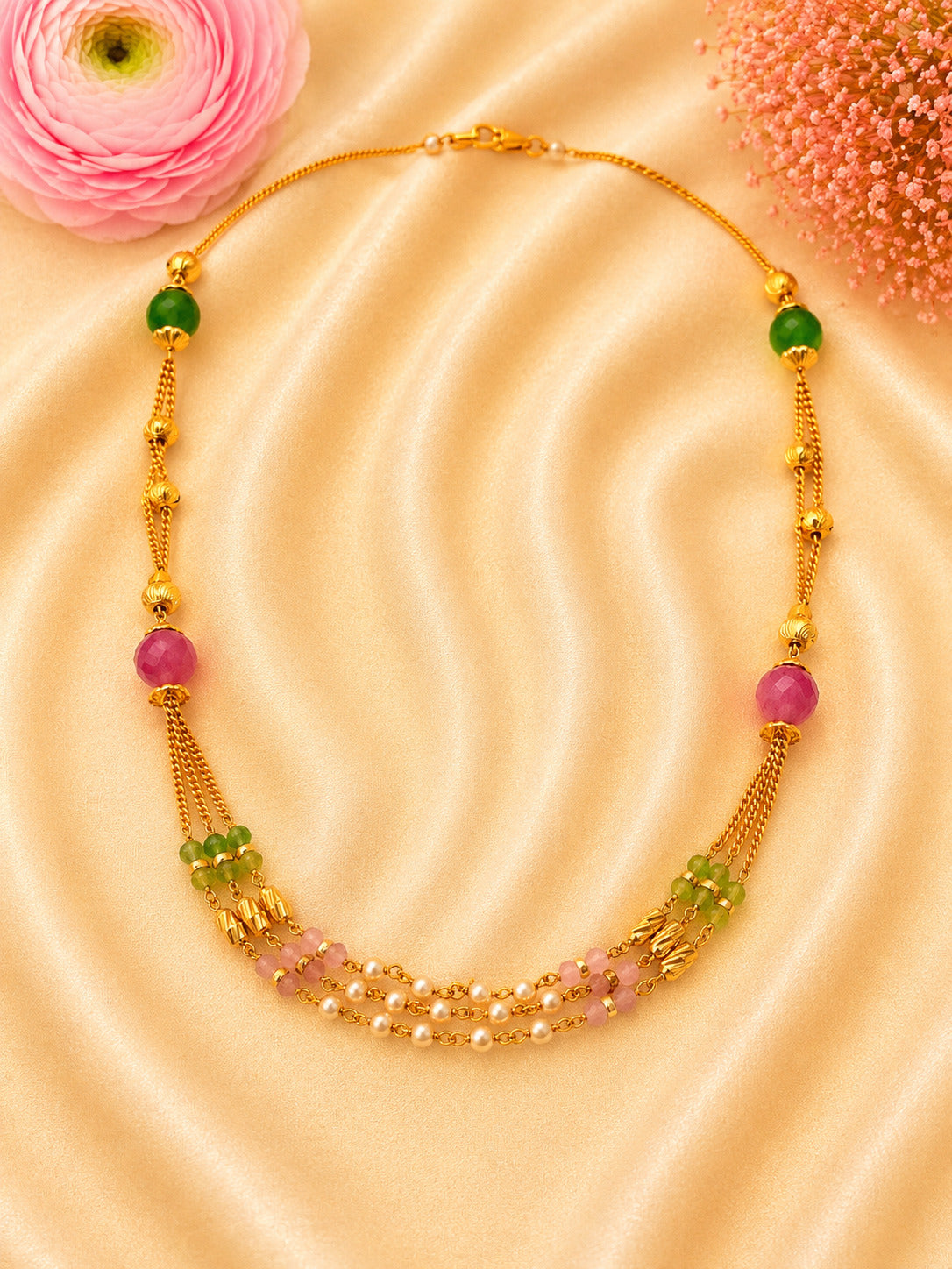Elegant 92.5 Sterling Silver Gold-Plated Triple-Layer Pearl & Multicolor Beaded Ladies Chain