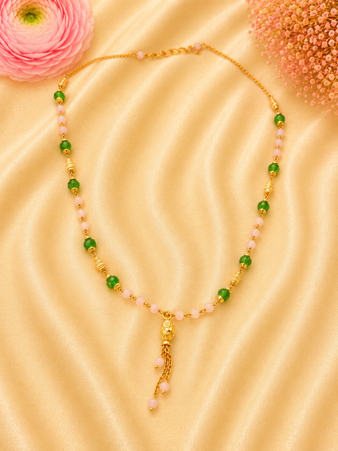Elegant 92.5 Sterling Silver Gold-Plated Green & Blush Pink Beaded Drop Ladies Chain