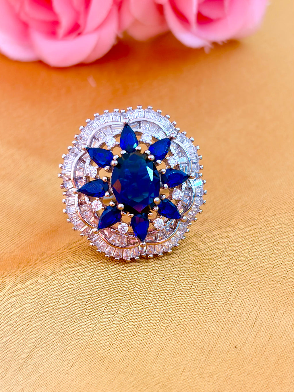 Royal Blue Sapphire Halo Statement Ring