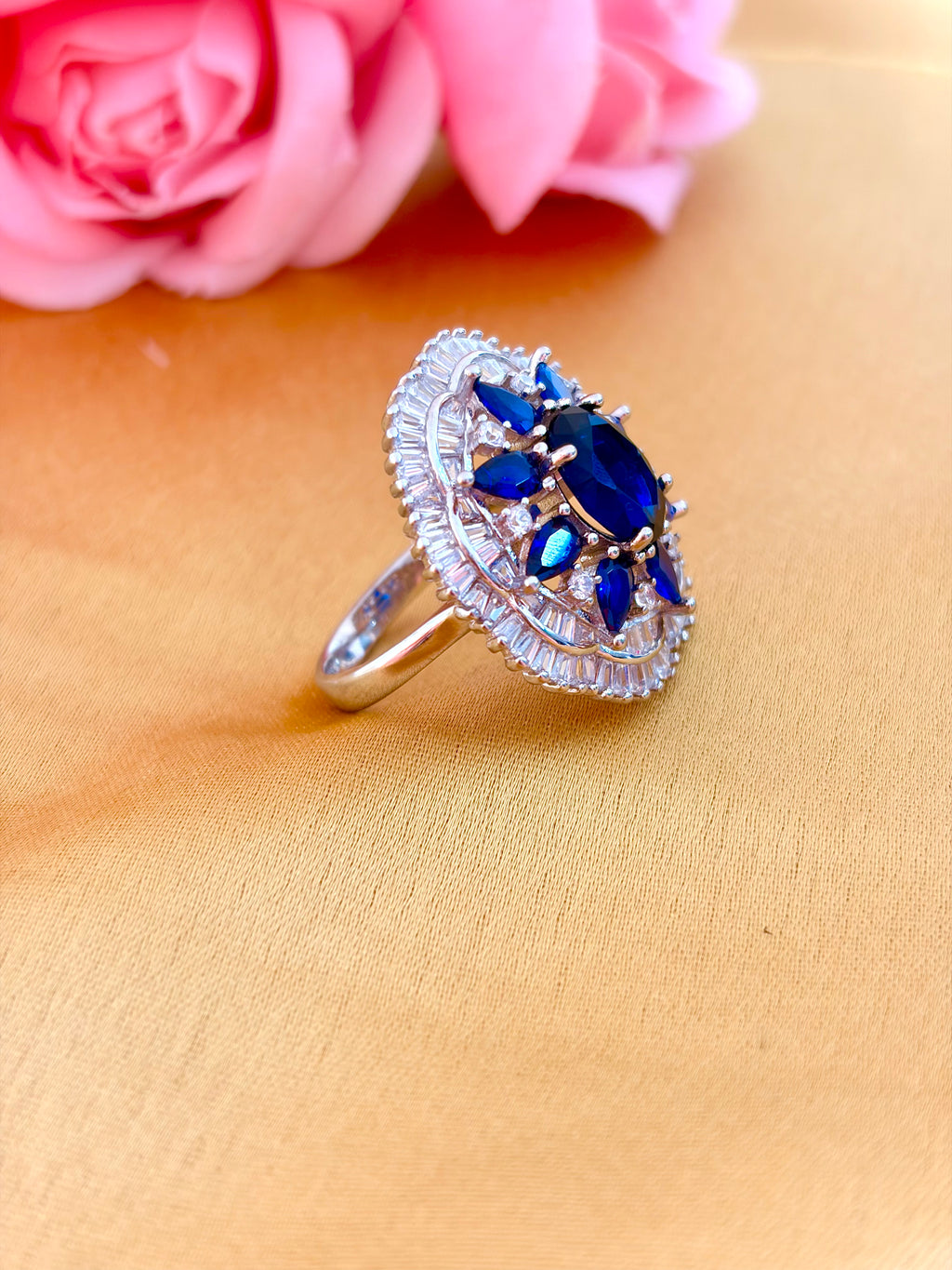 Royal Blue Sapphire Halo Statement Ring
