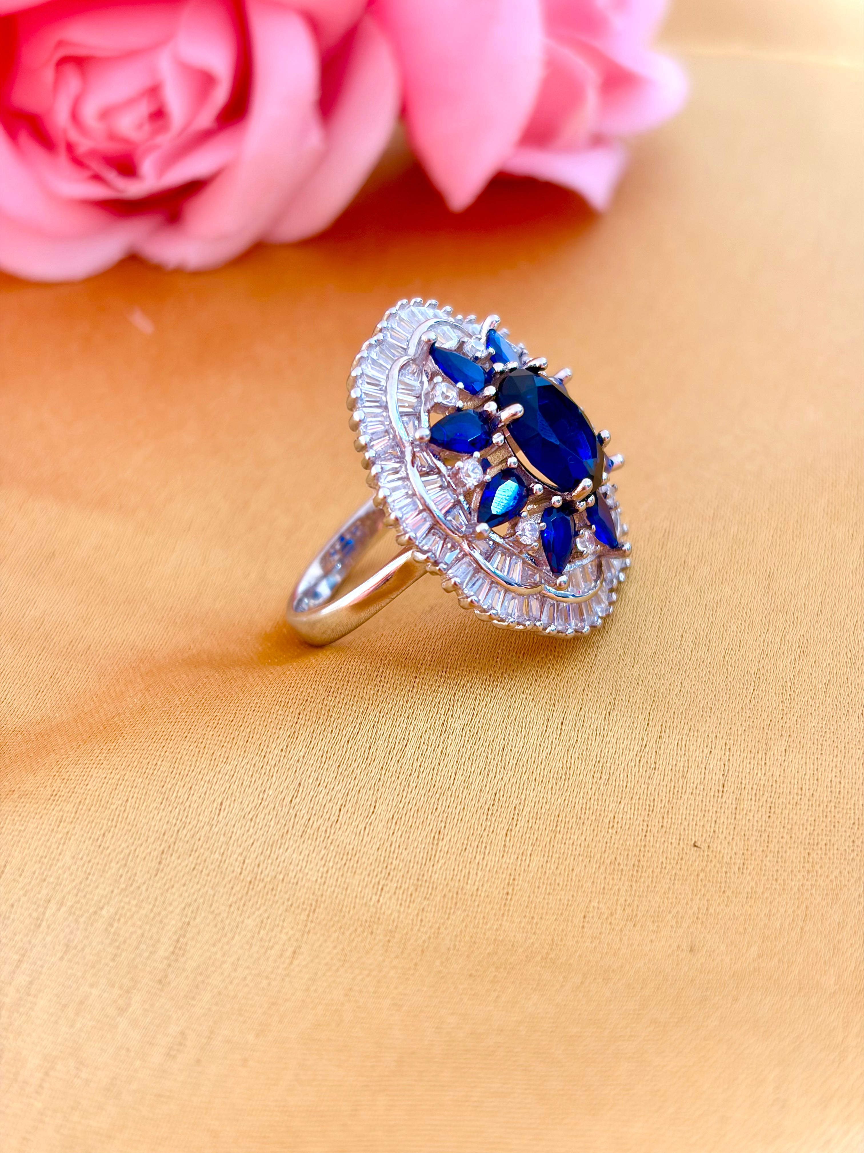Royal Blue Sapphire Halo Statement Ring