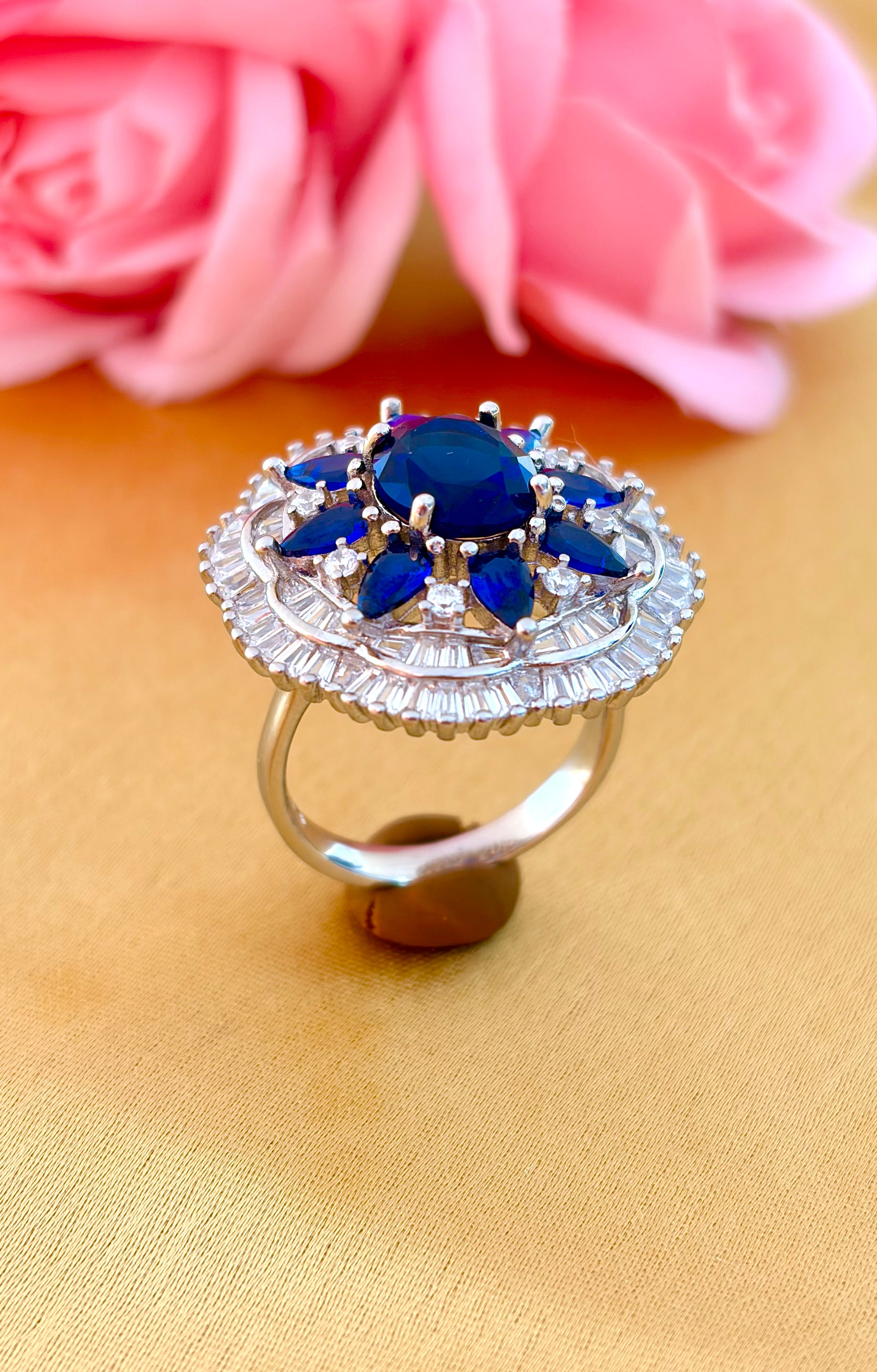 Royal Blue Sapphire Halo Statement Ring