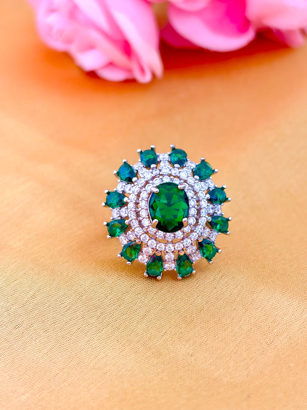 Emerald Bloom Halo Statement Ring