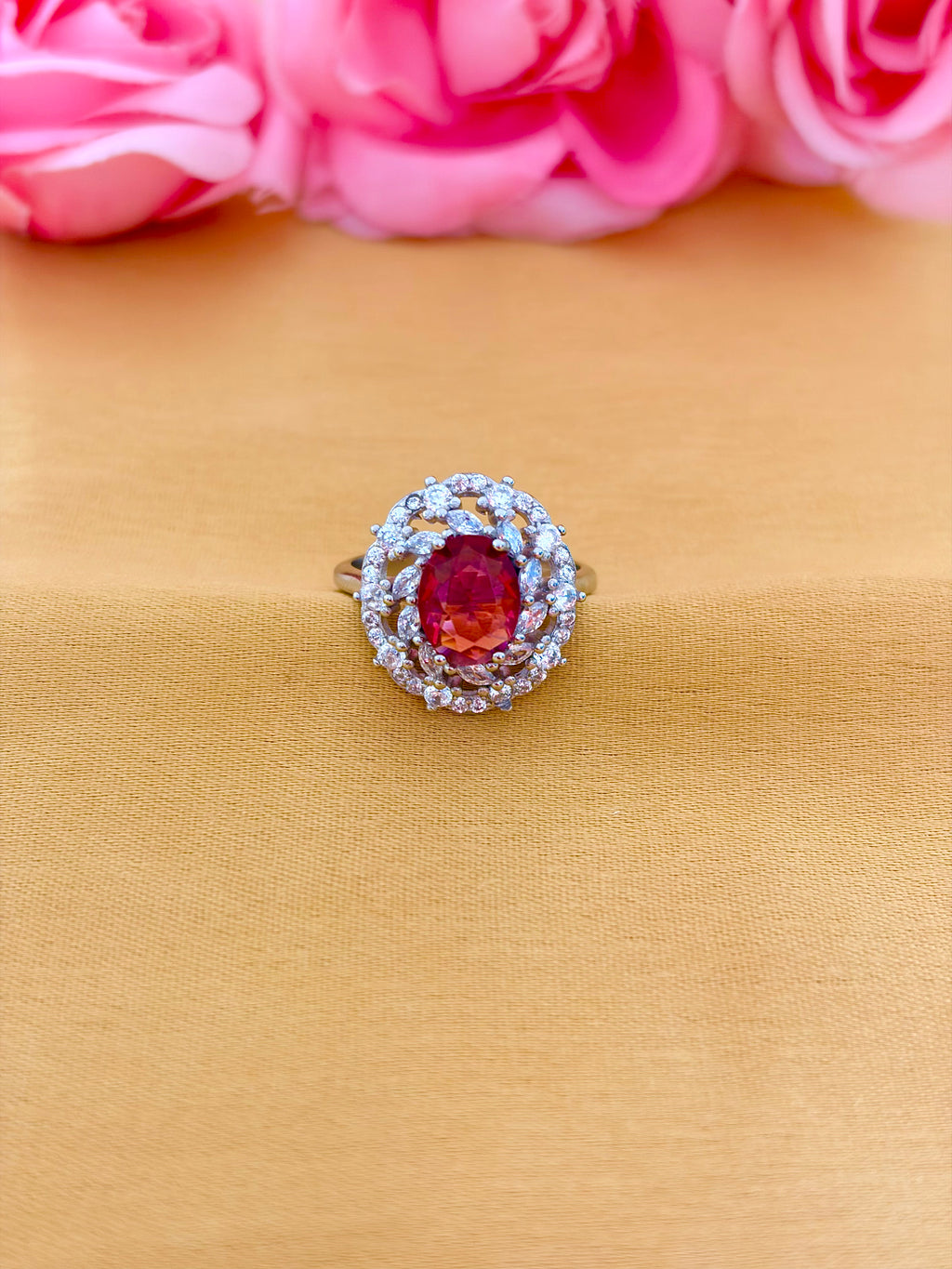 Elegant Ruby Halo Ring with Double Diamond Frame