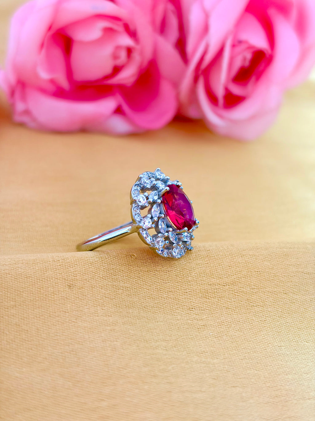 Elegant Ruby Halo Ring with Double Diamond Frame