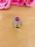 Elegant Ruby Halo Ring with Double Diamond Frame