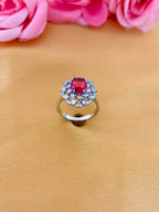 Elegant Ruby Halo Ring with Double Diamond Frame