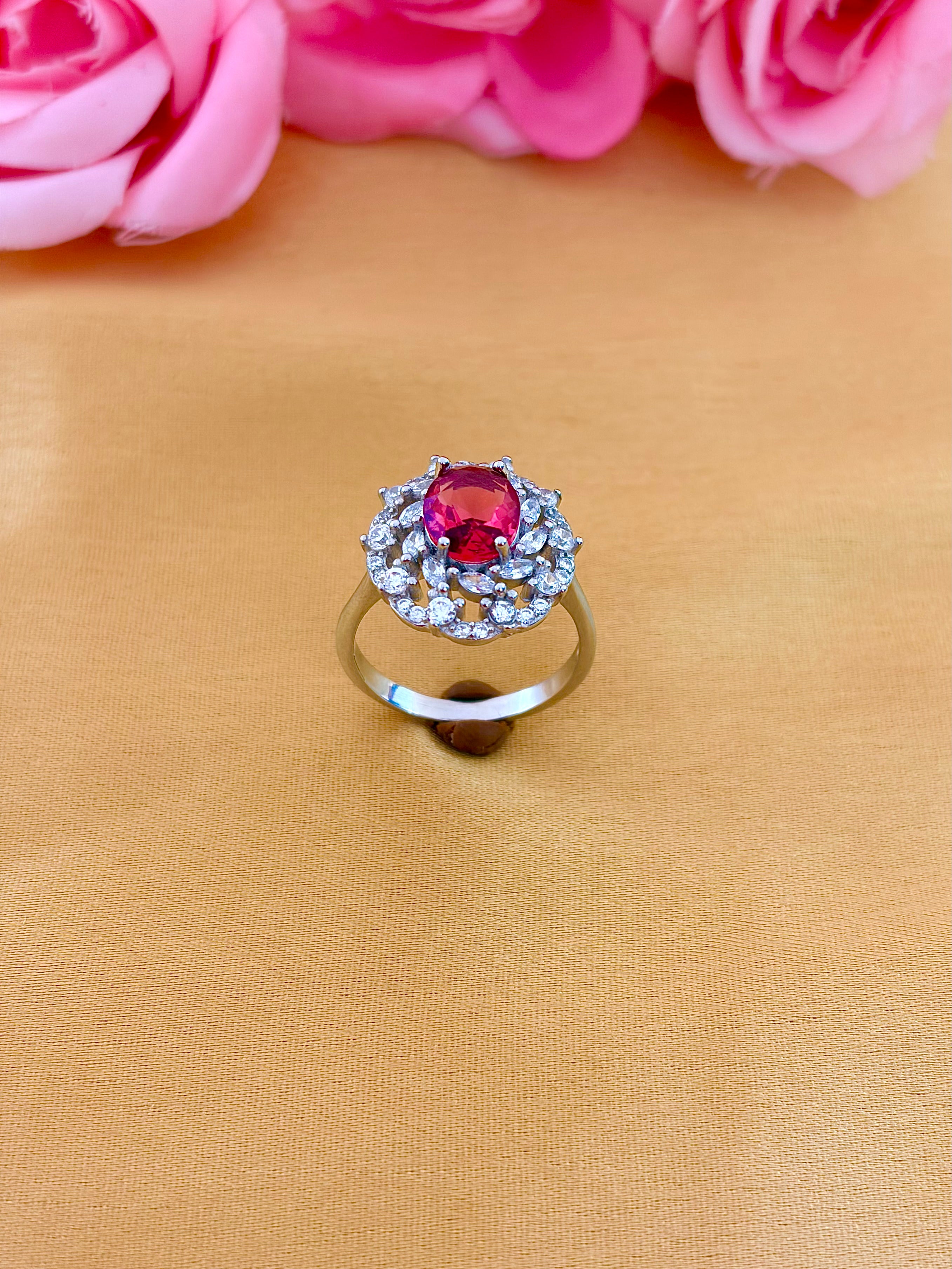 Elegant Ruby Halo Ring with Double Diamond Frame