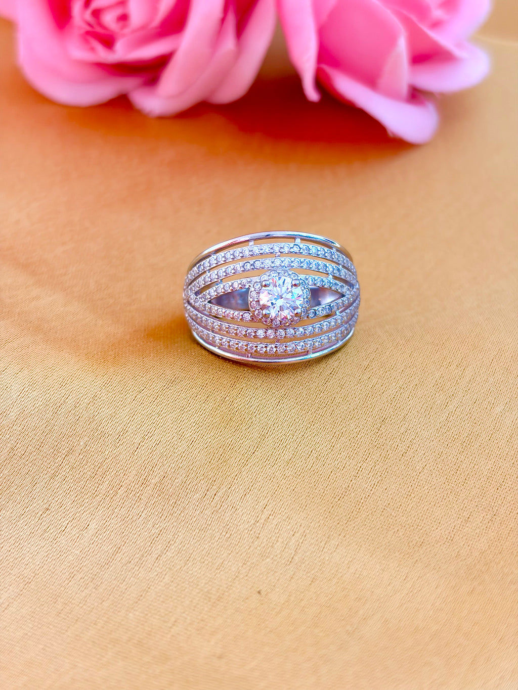 Elegant Multi-Band Pavé Diamond Ring with Solitaire Accent