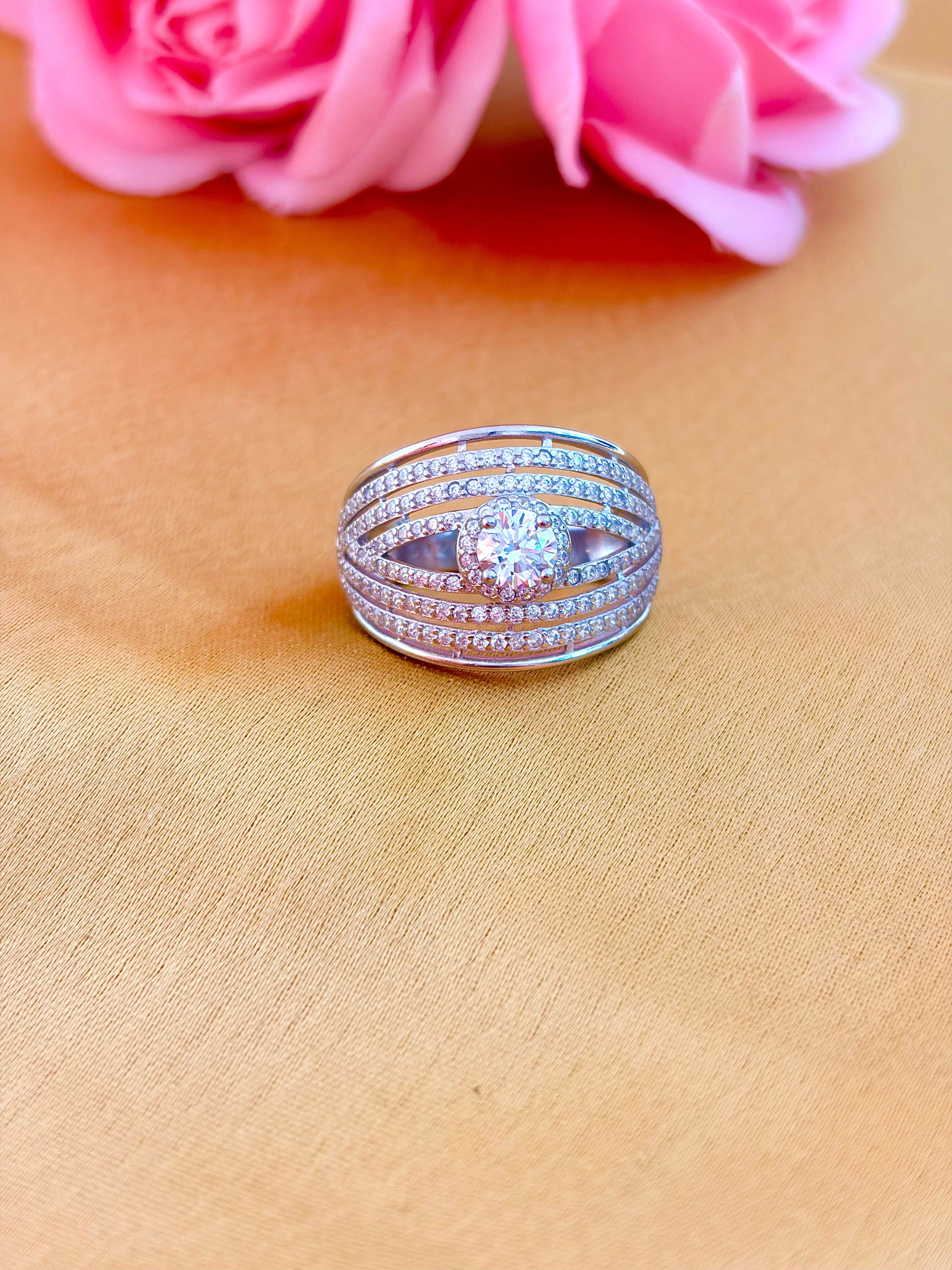 Elegant Multi-Band Pavé Diamond Ring with Solitaire Accent