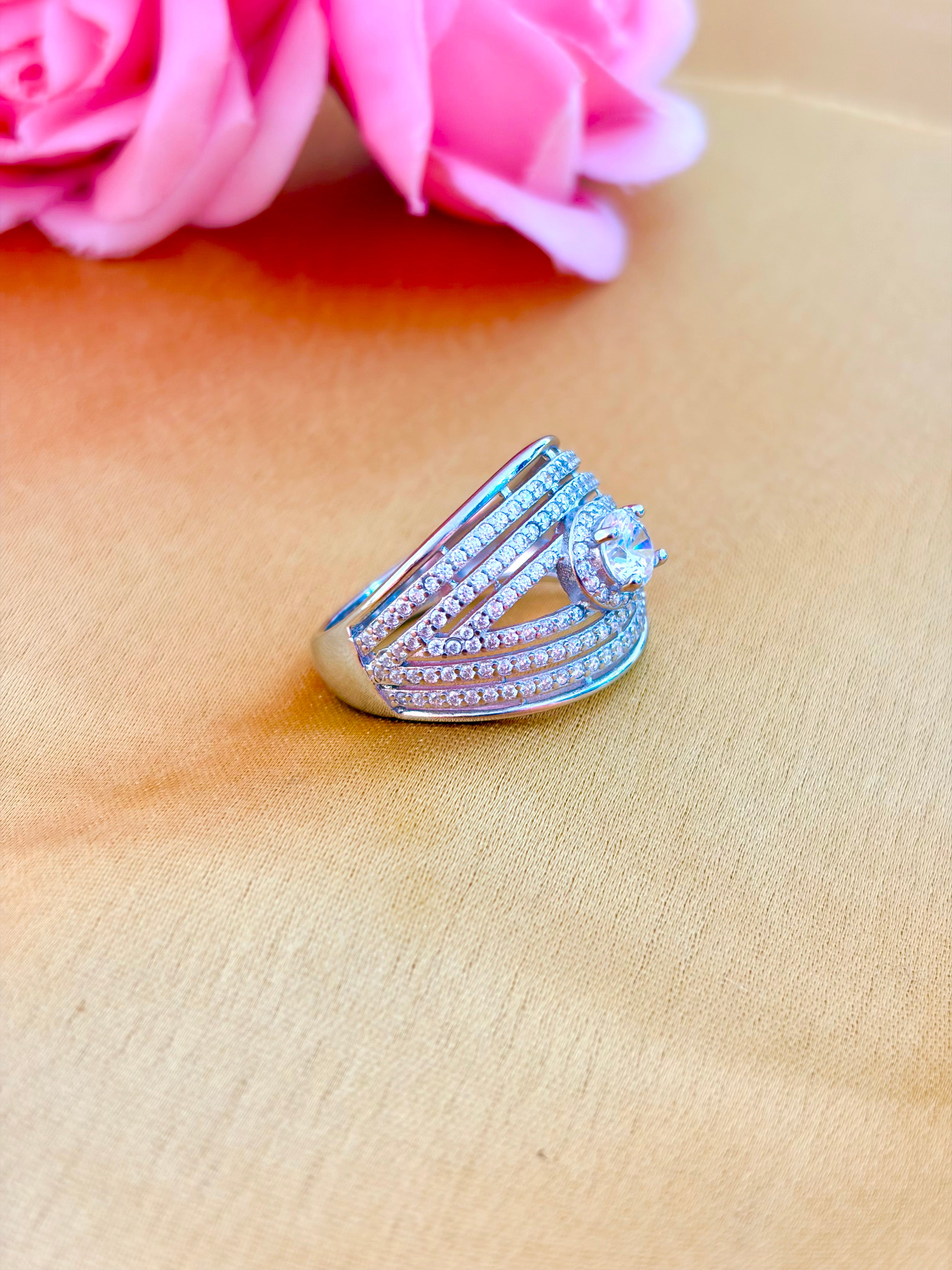 Elegant Multi-Band Pavé Diamond Ring with Solitaire Accent