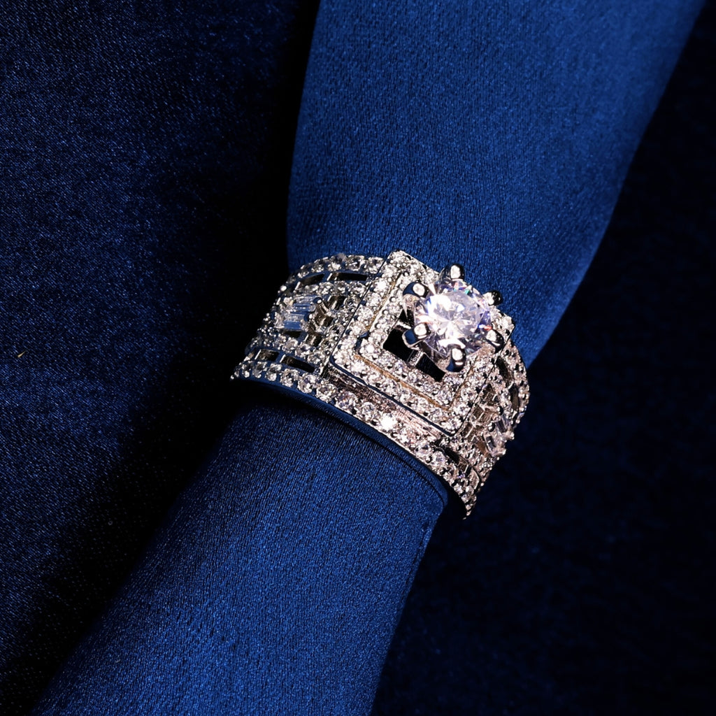 Bold Geometric Statement Ring with Elevated Solitaire
