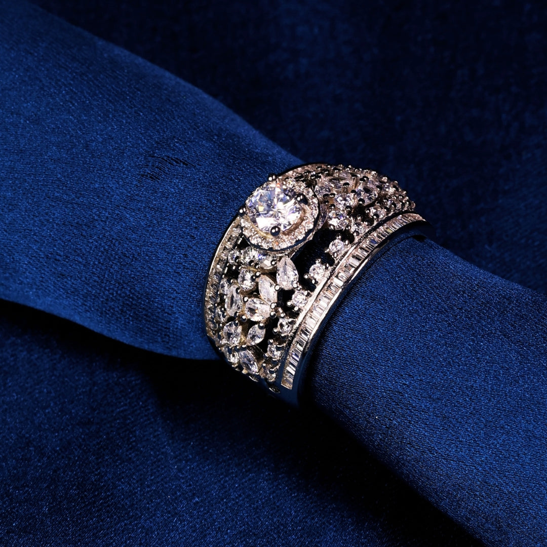 Elegant Multi-Layer Diamond Statement Ring on Satin Display