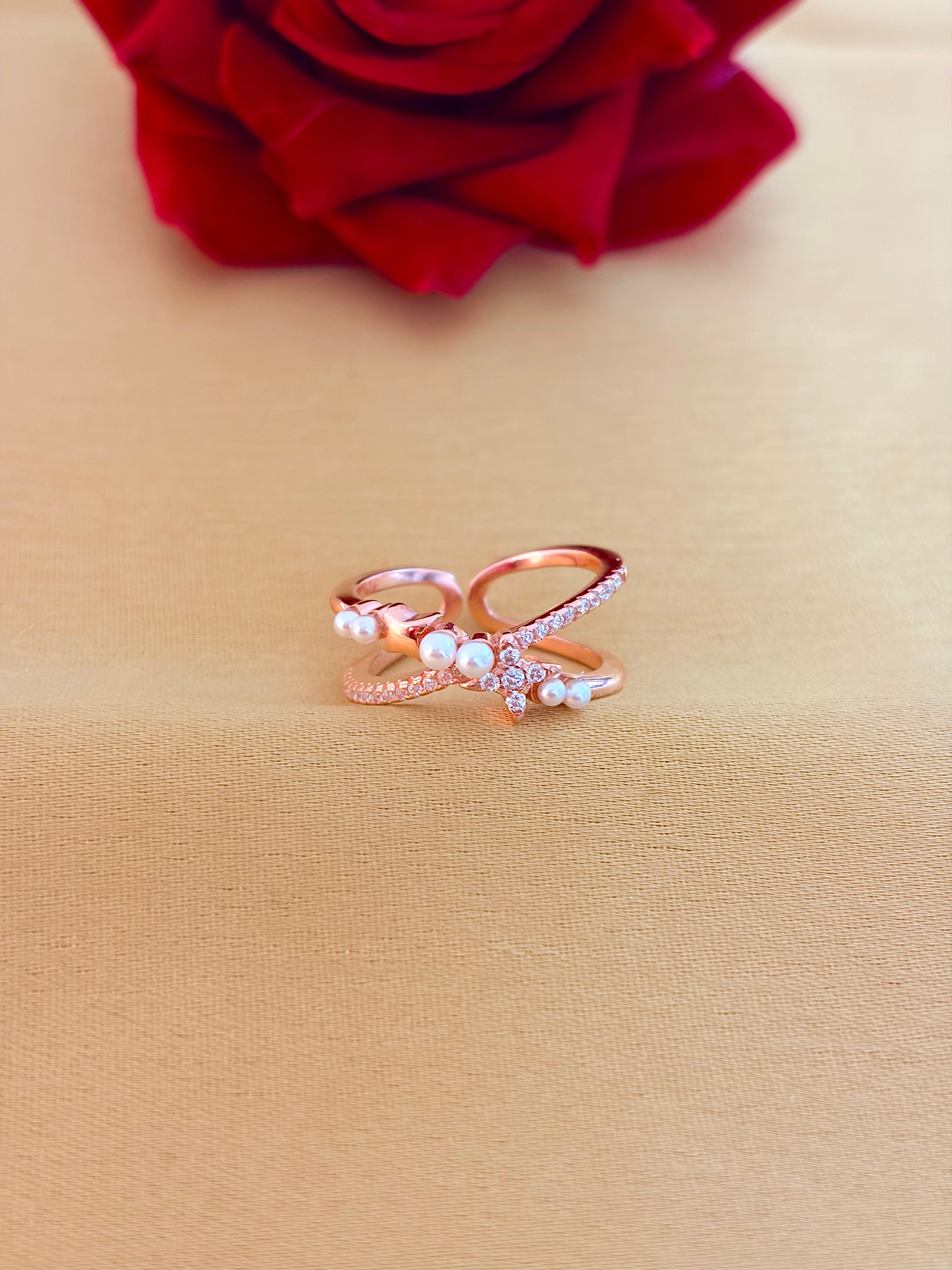 Elegant Rose Gold Pearl and Diamond Crossover Ring