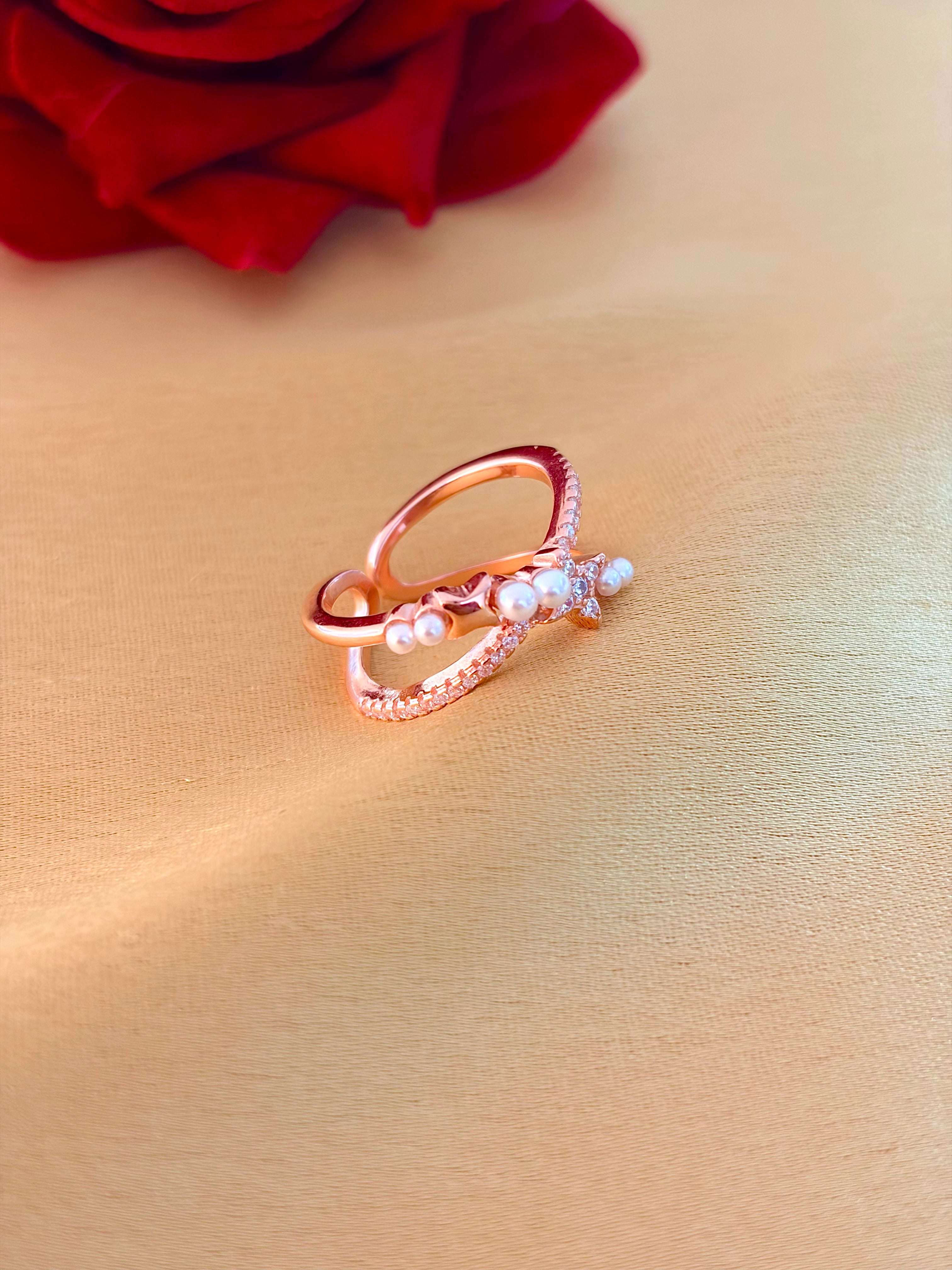Elegant Rose Gold Pearl and Diamond Crossover Ring