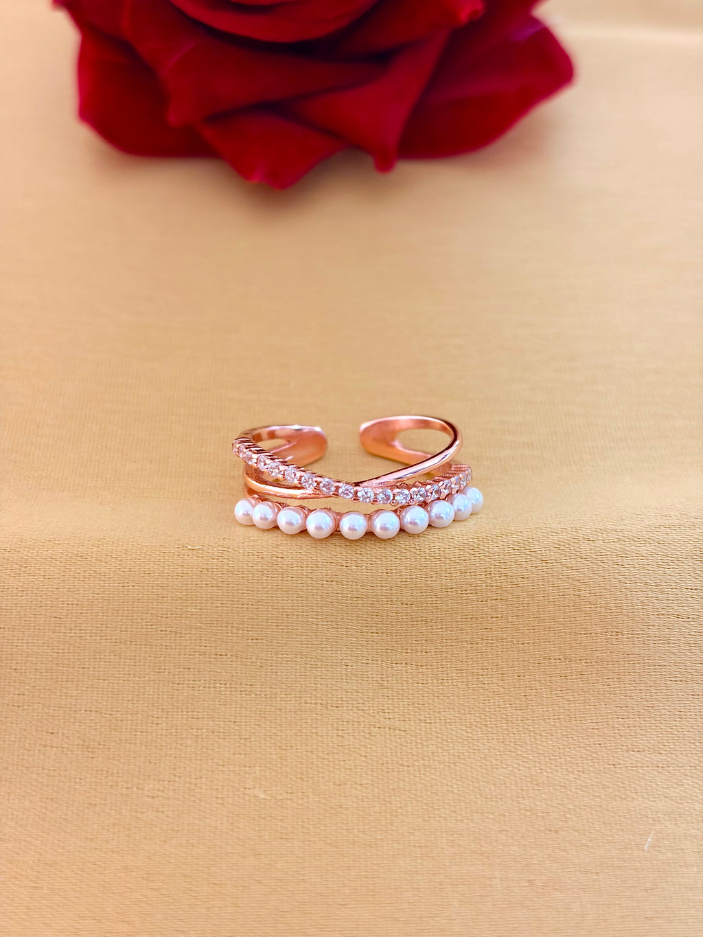 Rose Gold Open Band Pearl and Diamond Ring