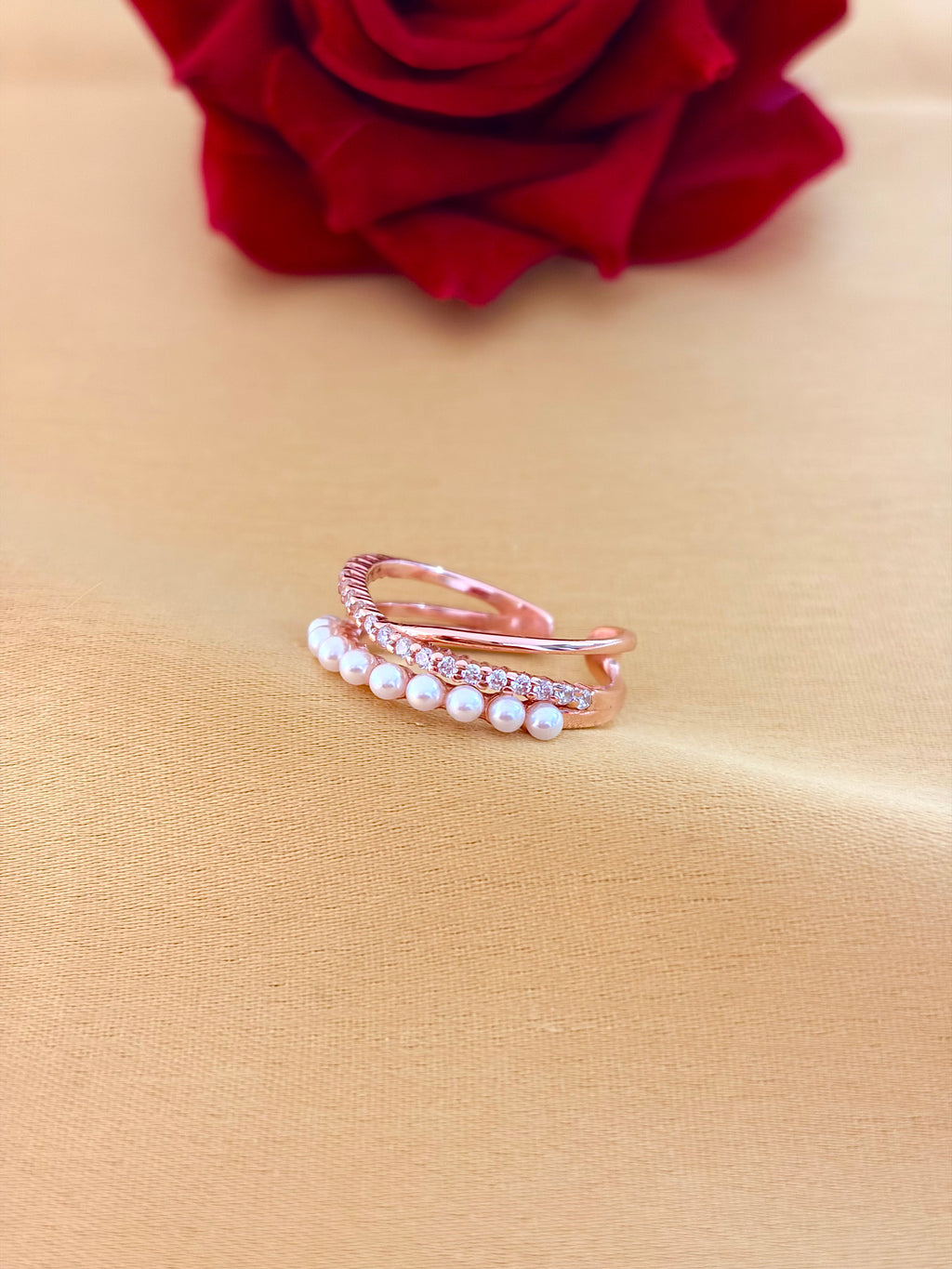 Rose Gold Open Band Pearl and Diamond Ring