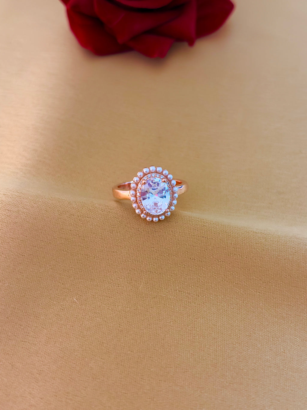 Elegant Oval Halo Ring with Pearl Accents
