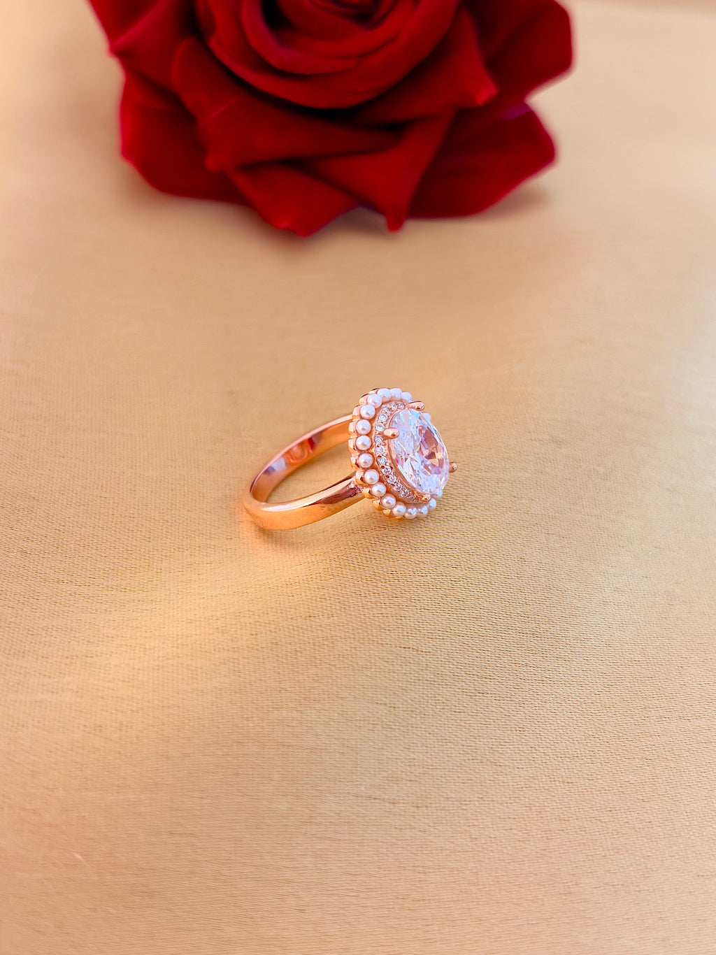 Elegant Oval Halo Ring with Pearl Accents