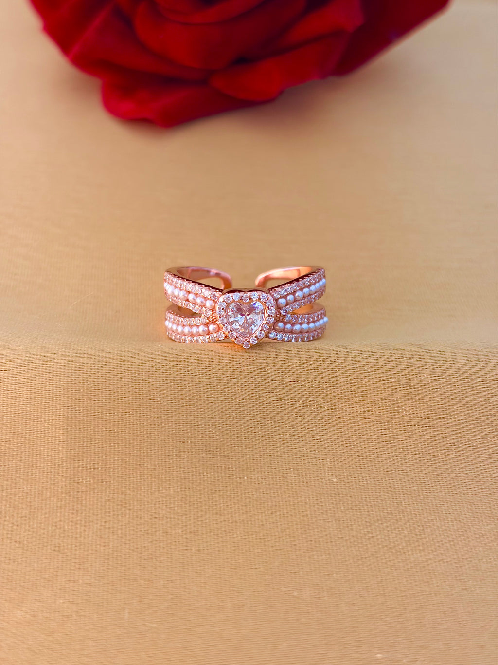 Romantic Heart-Centered Pearl and Diamond Open Ring