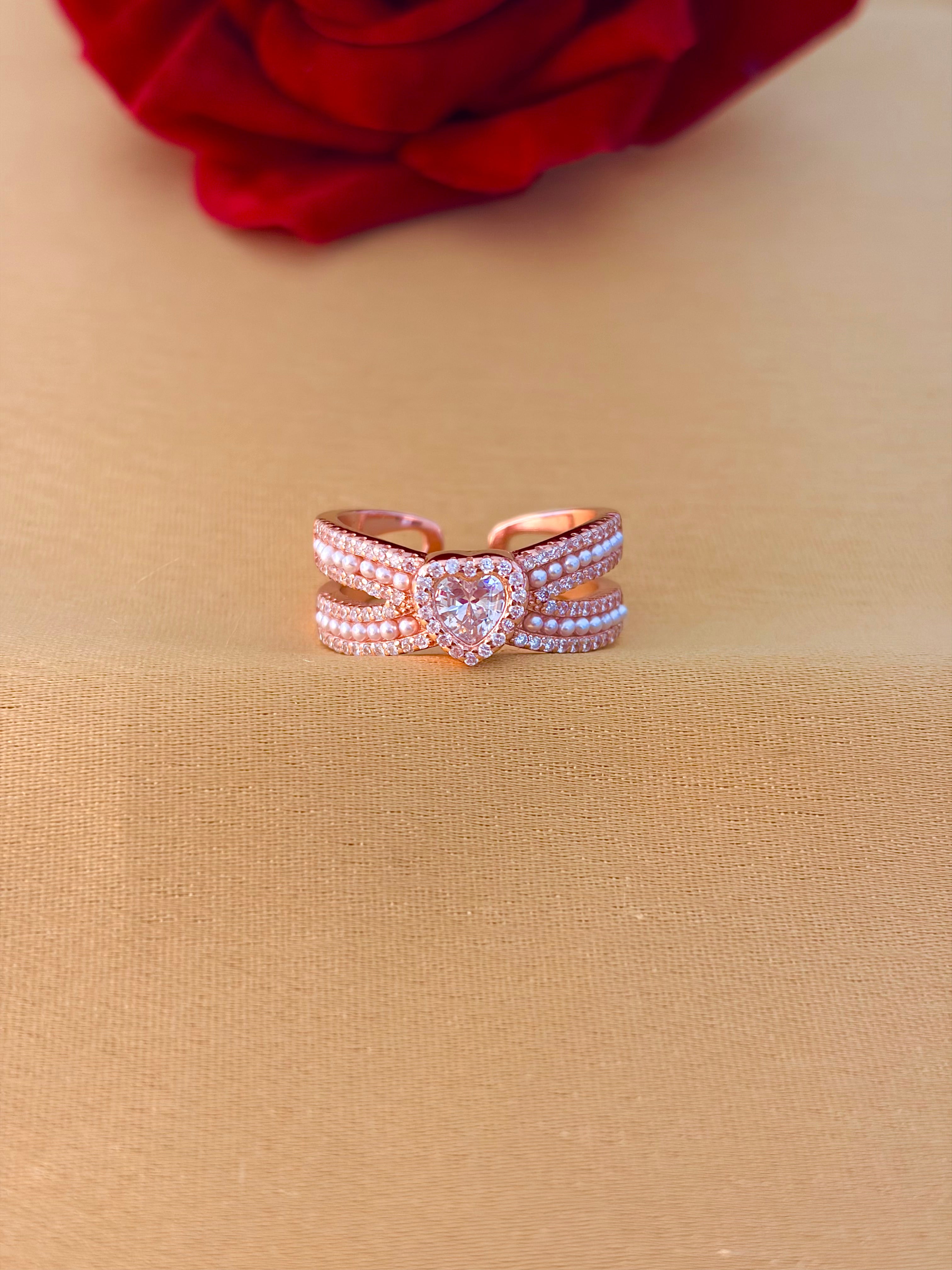 Romantic Heart-Centered Pearl and Diamond Open Ring