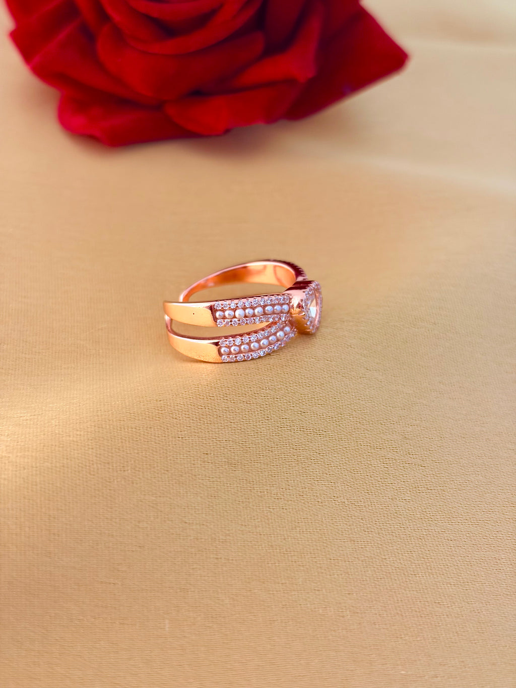 Romantic Heart-Centered Pearl and Diamond Open Ring