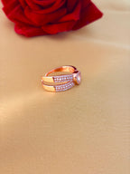 Romantic Heart-Centered Pearl and Diamond Open Ring