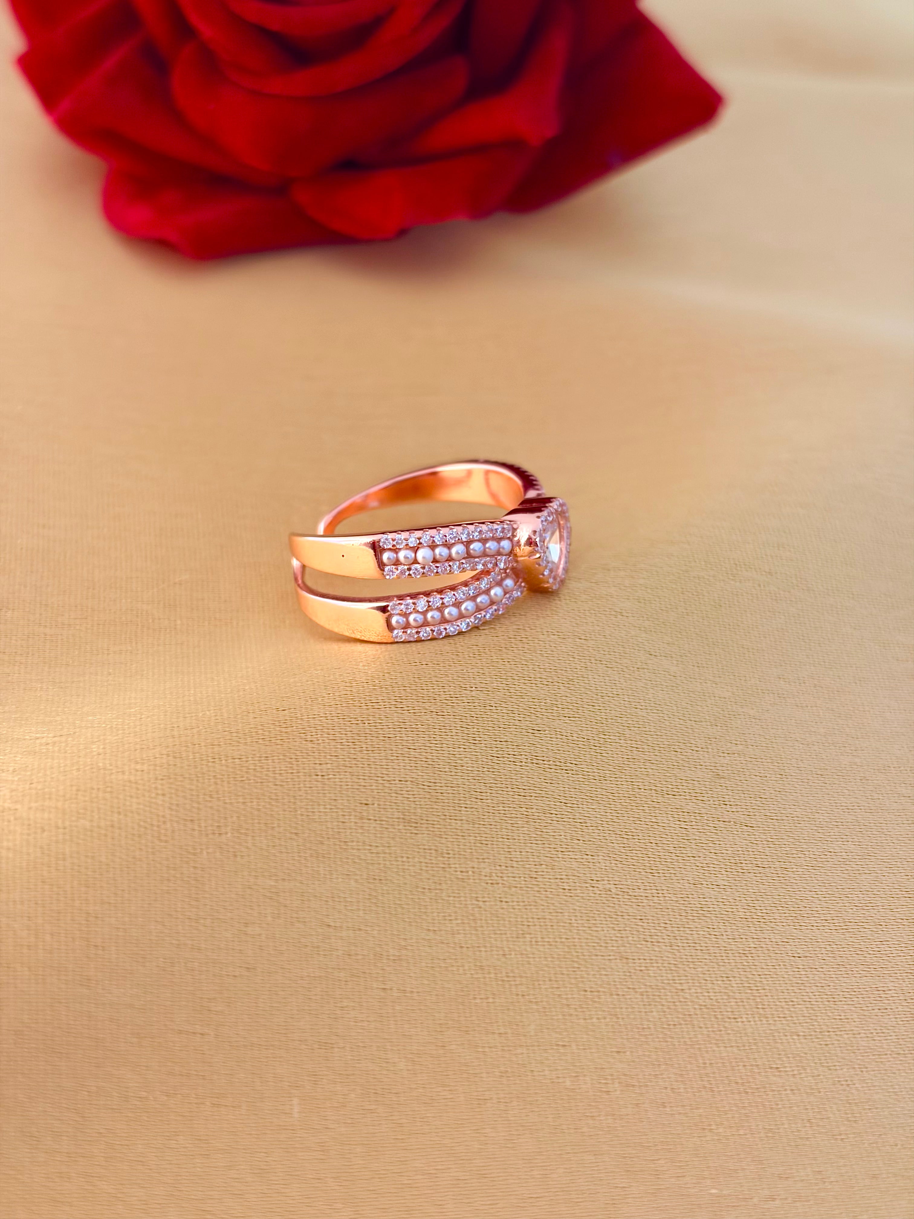 Romantic Heart-Centered Pearl and Diamond Open Ring