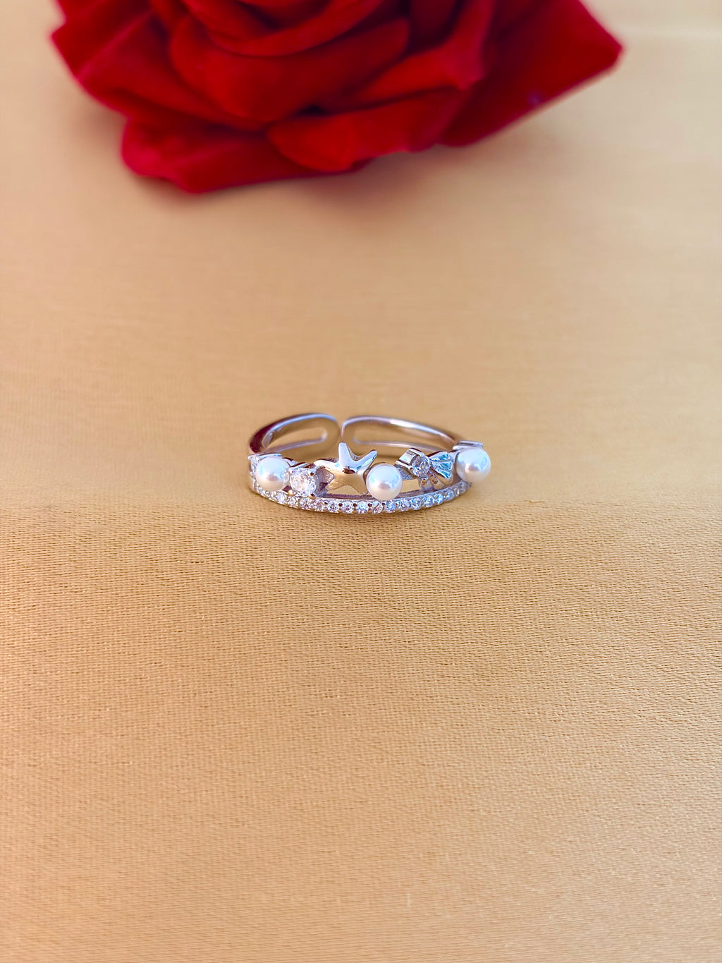 Delicate Starfish and Pearl Open Ring