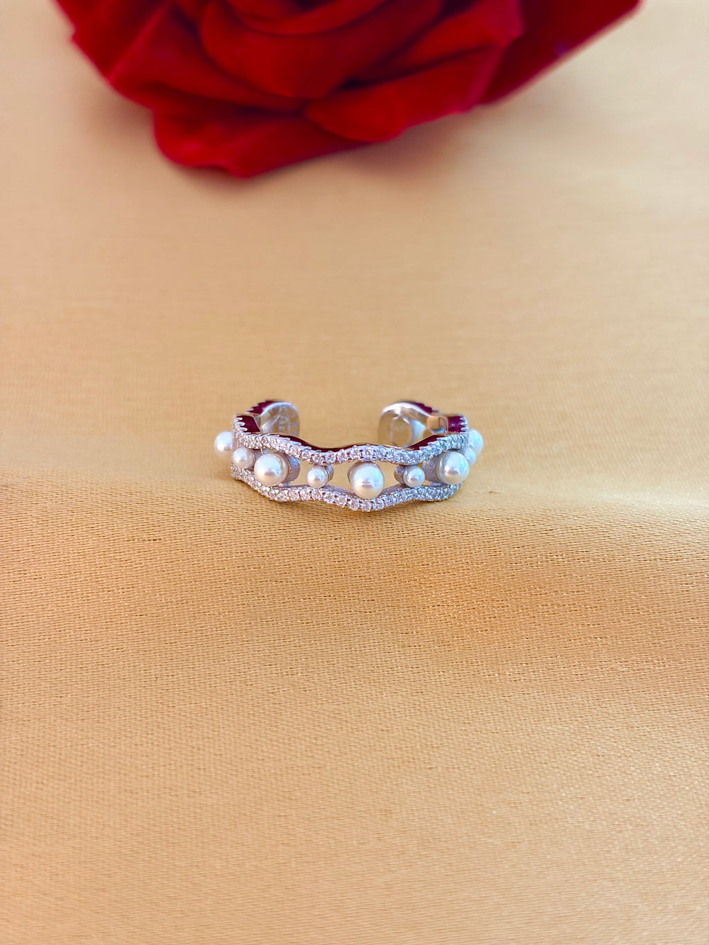 Elegant Wave Pearl and Diamond Open Ring