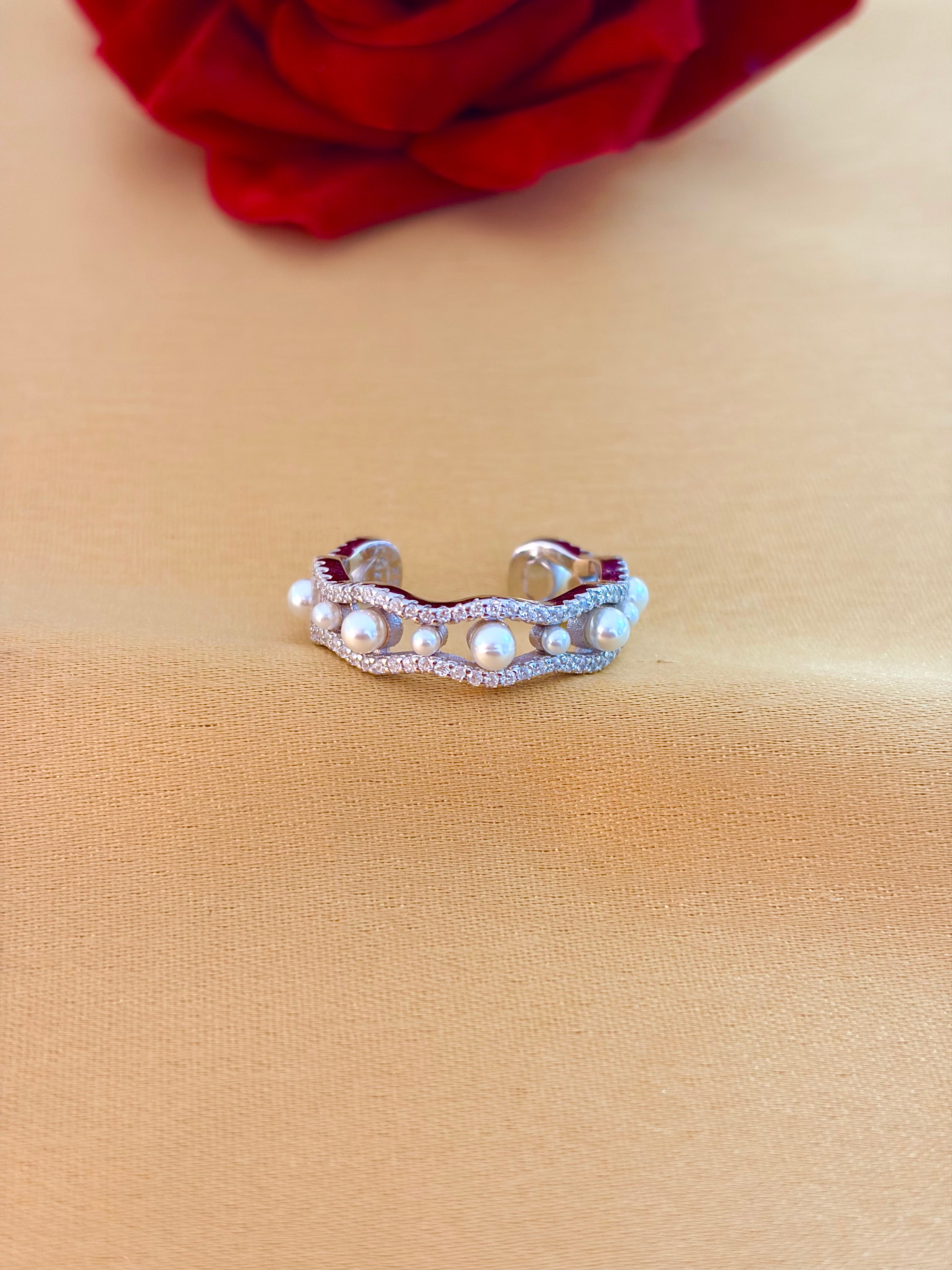 Elegant Wave Pearl and Diamond Open Ring