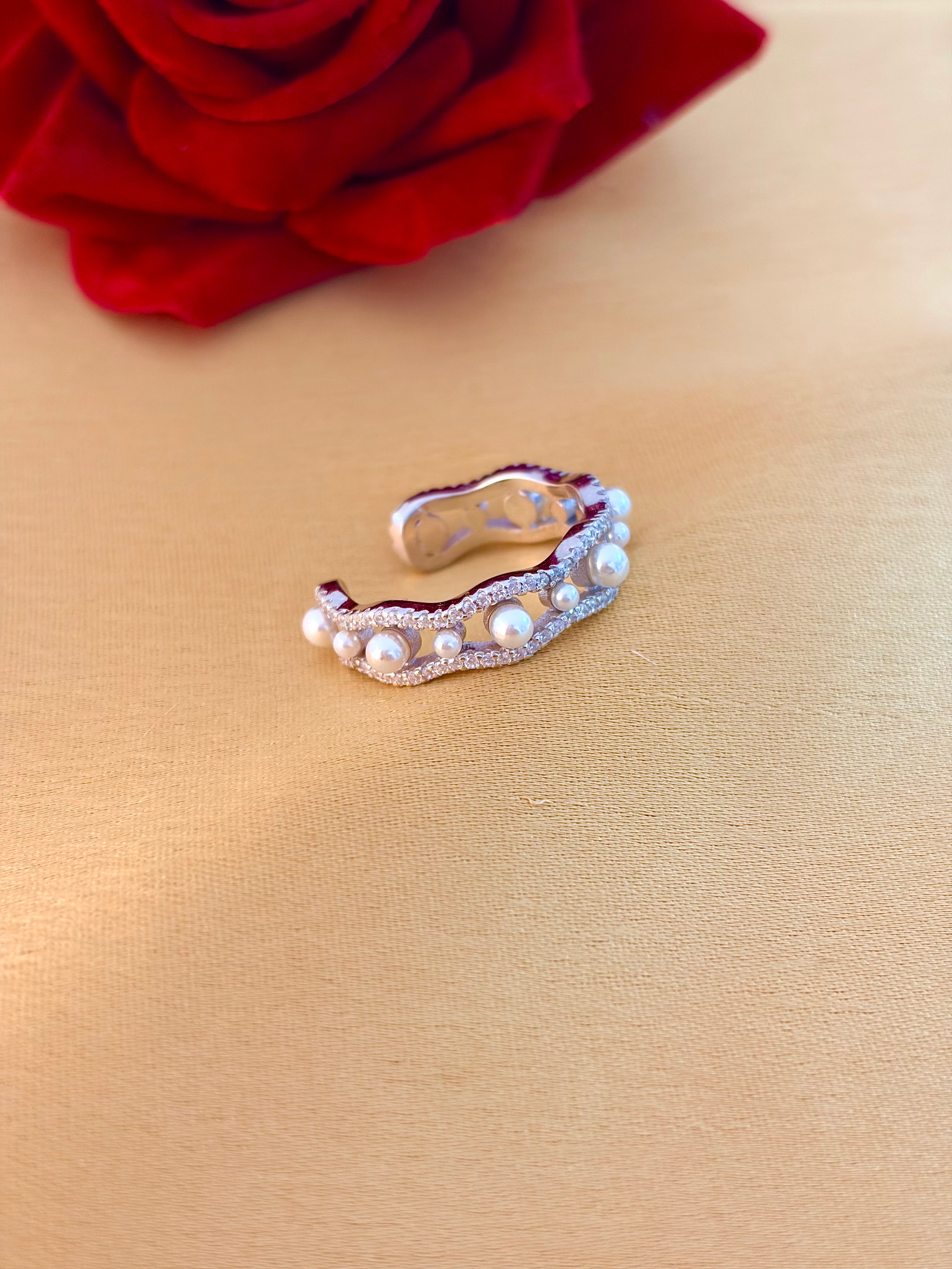 Elegant Wave Pearl and Diamond Open Ring
