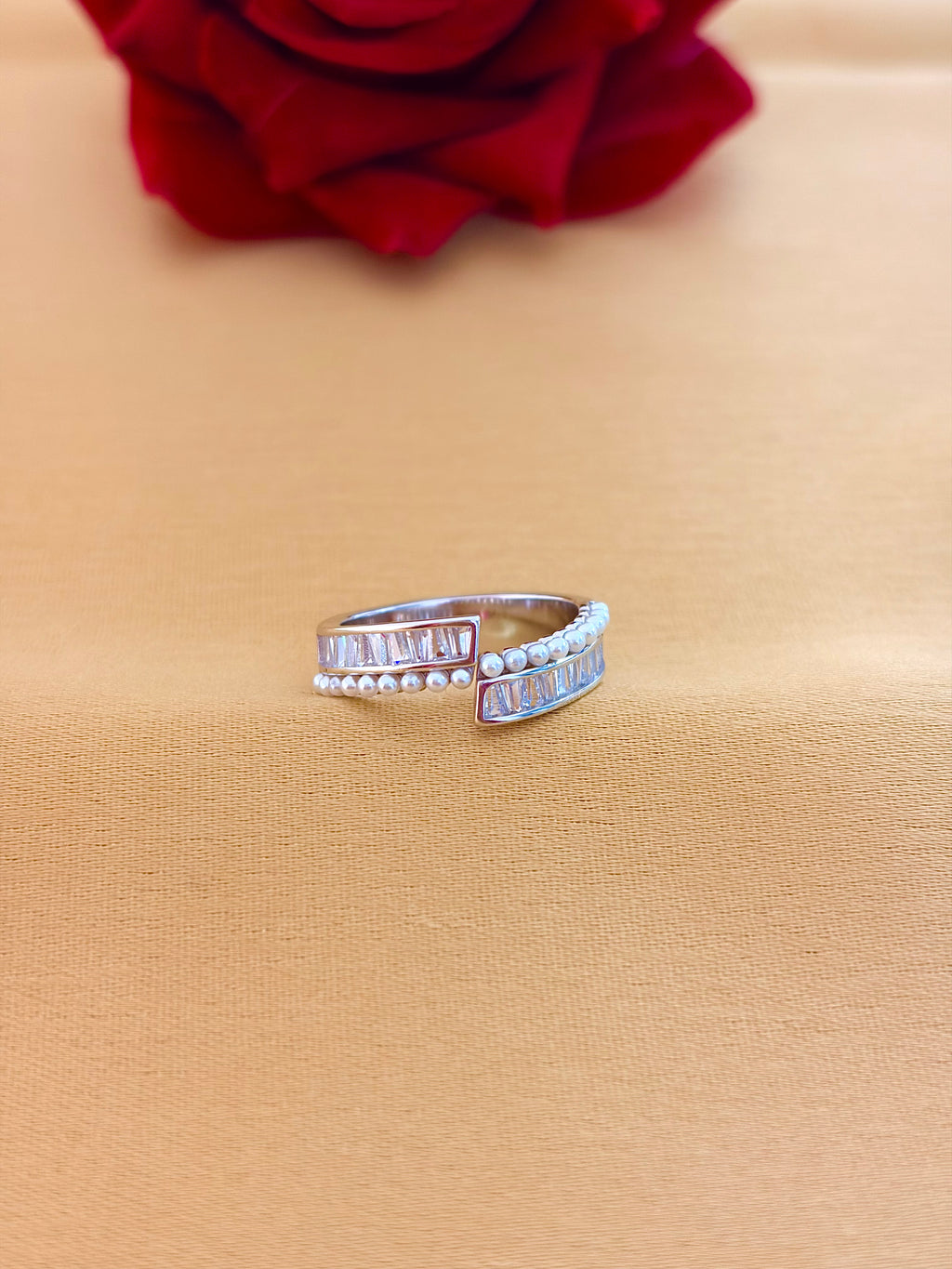 Modern Open Bar Pearl and Baguette Stone Ring