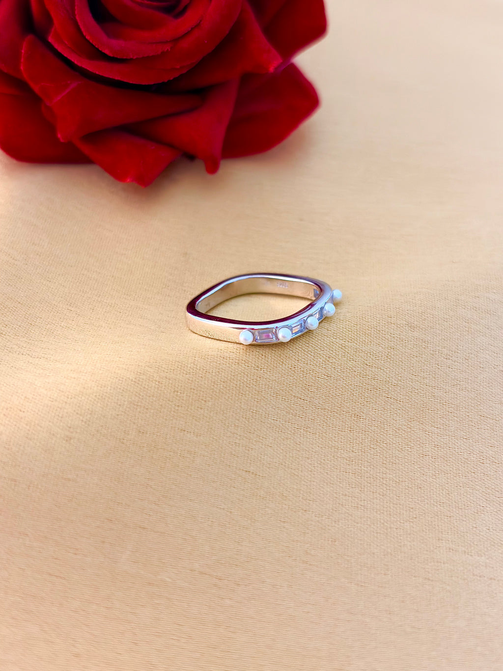 Minimalist Pearl and Baguette Crystal Band Ring