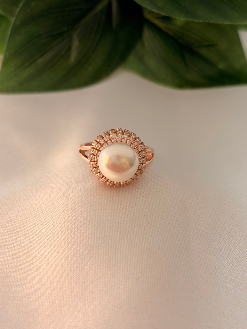 Rose Gold Pearl Radiance Halo Ring