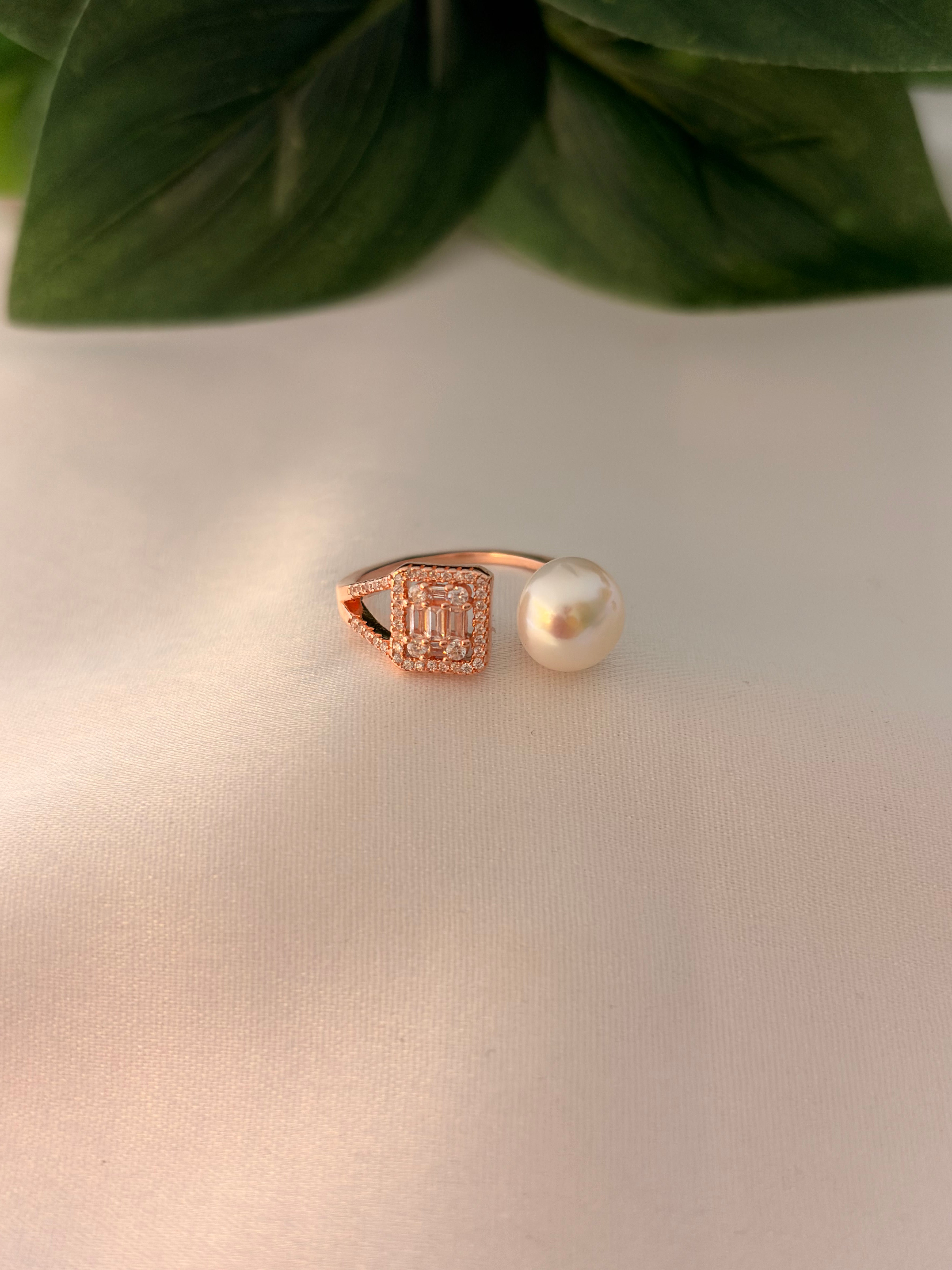 Rose Gold Geometric Crystal & Pearl Open Ring