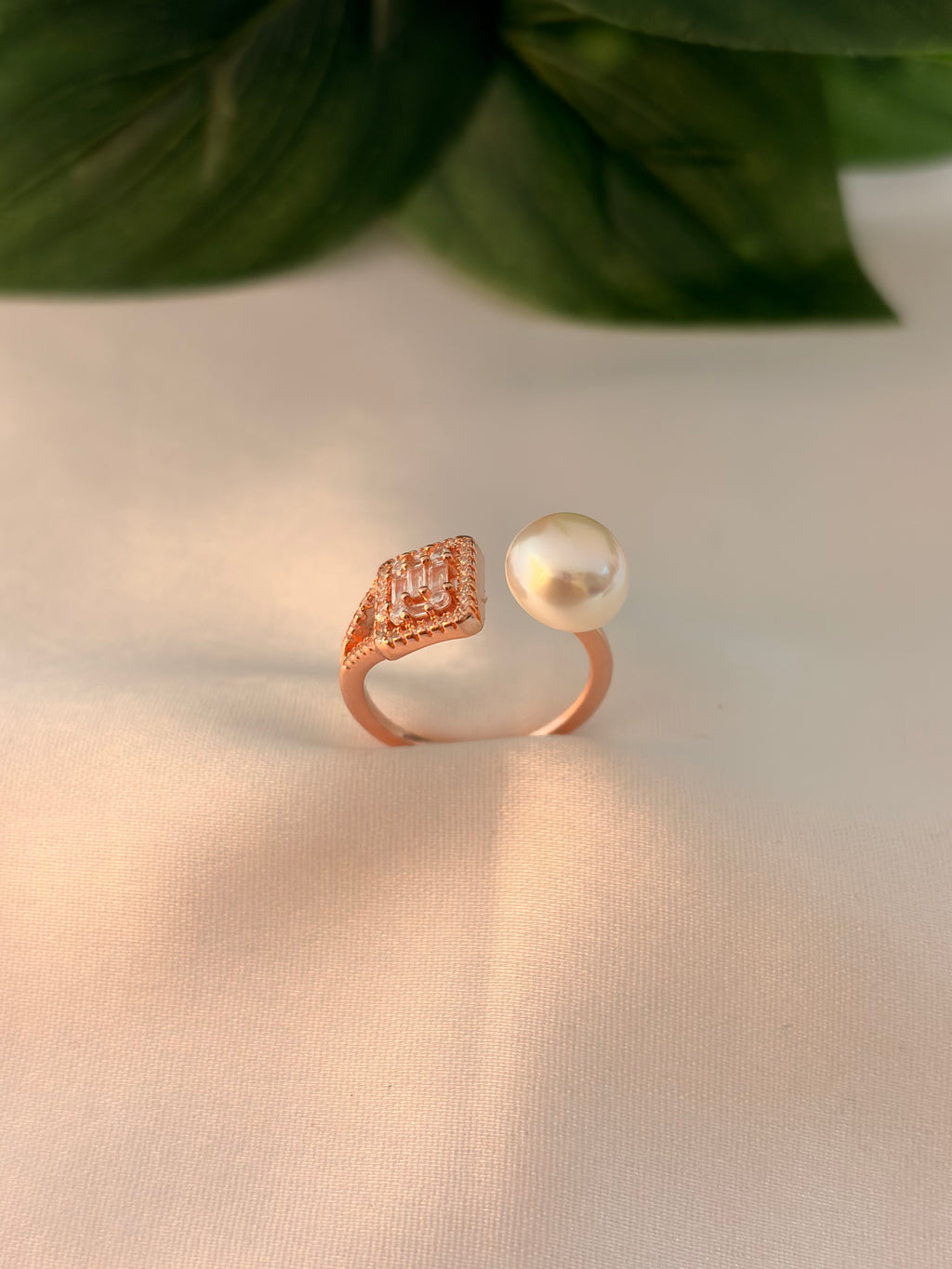 Rose Gold Geometric Crystal & Pearl Open Ring