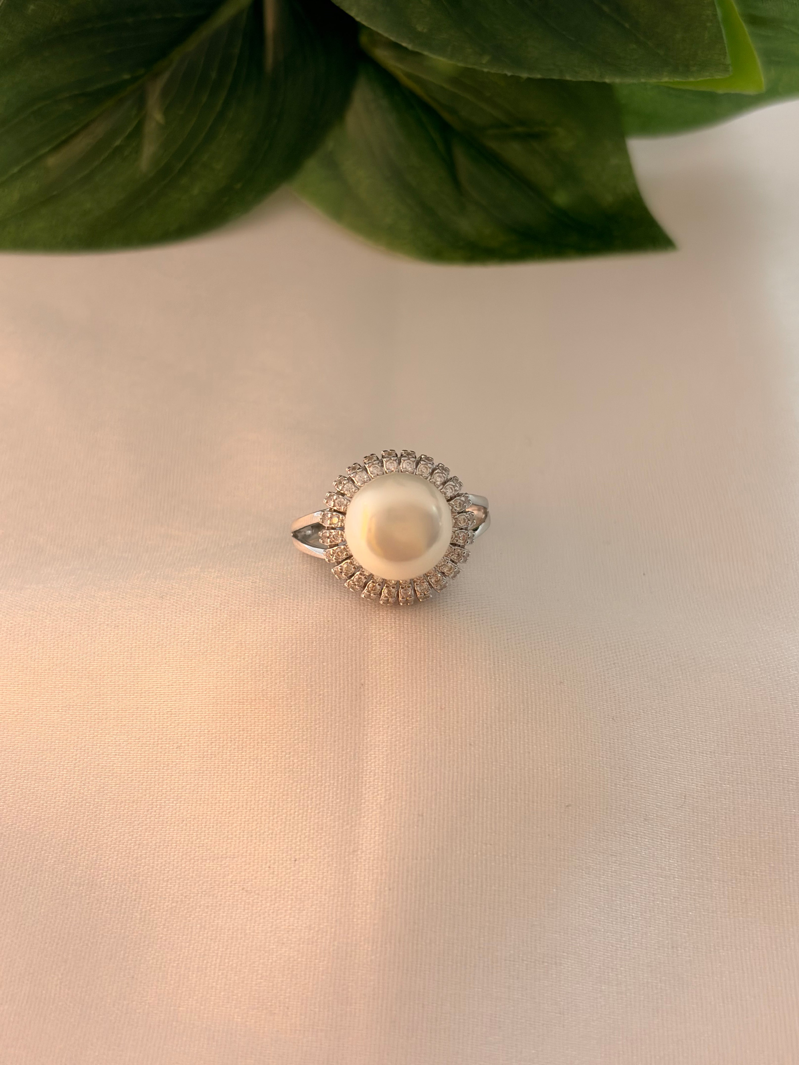 Silver Pearl Radiant Halo Ring