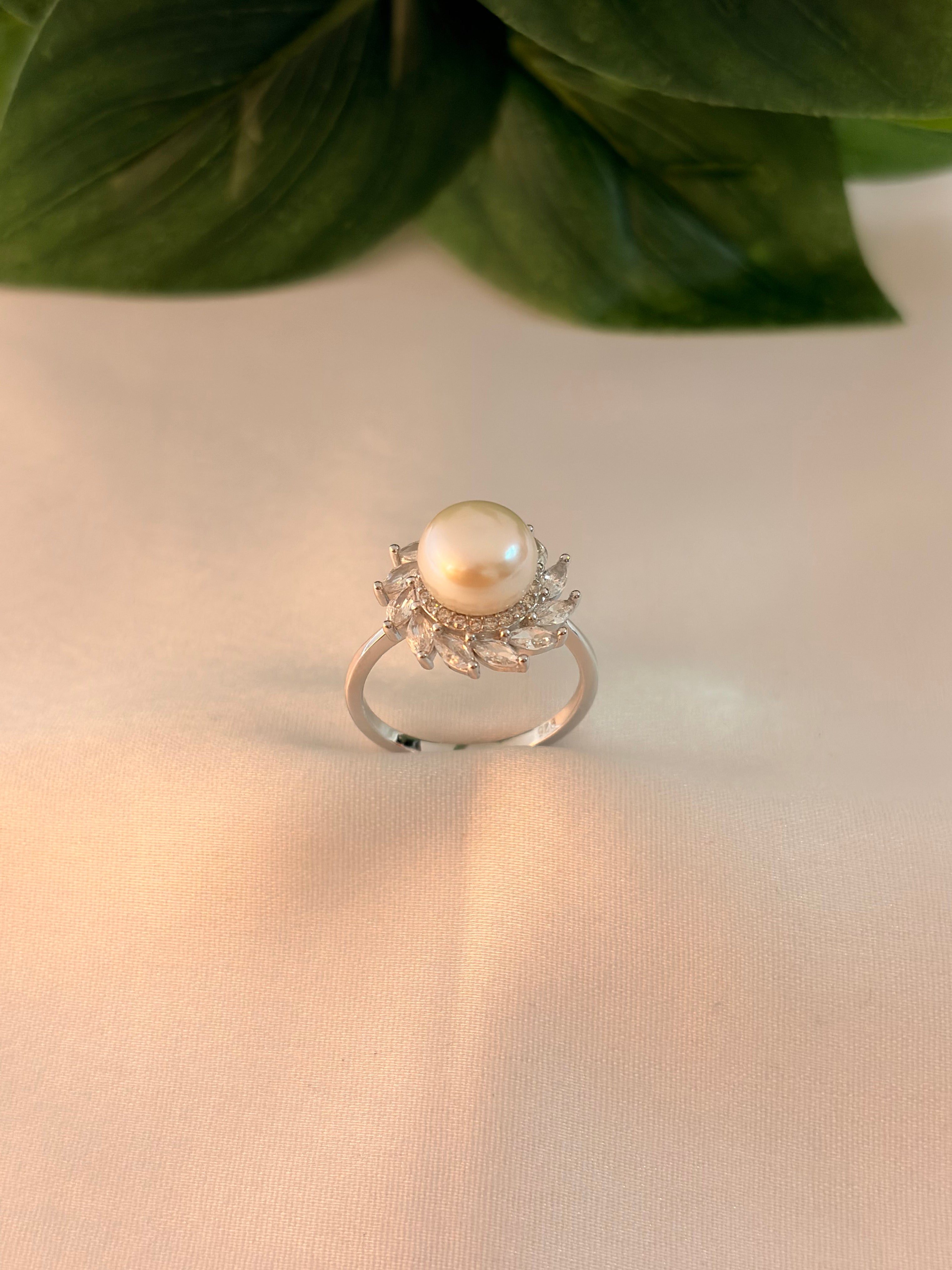 Silver Floral Pearl Crystal Ring