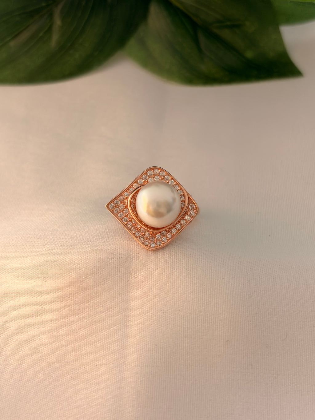 Rose Gold Geometric Pearl Halo Ring