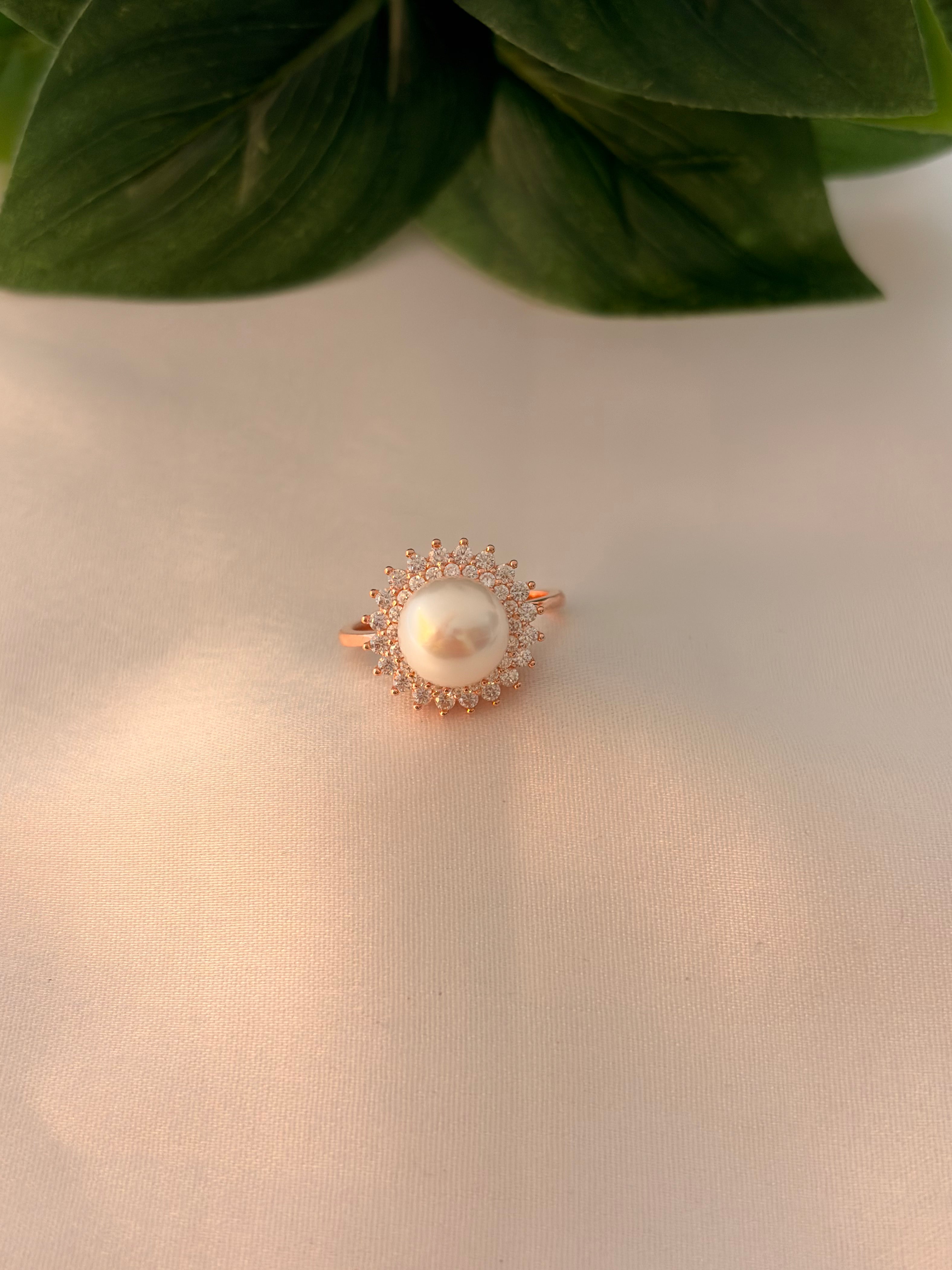 Rose Gold Pearl Sunburst Halo Ring