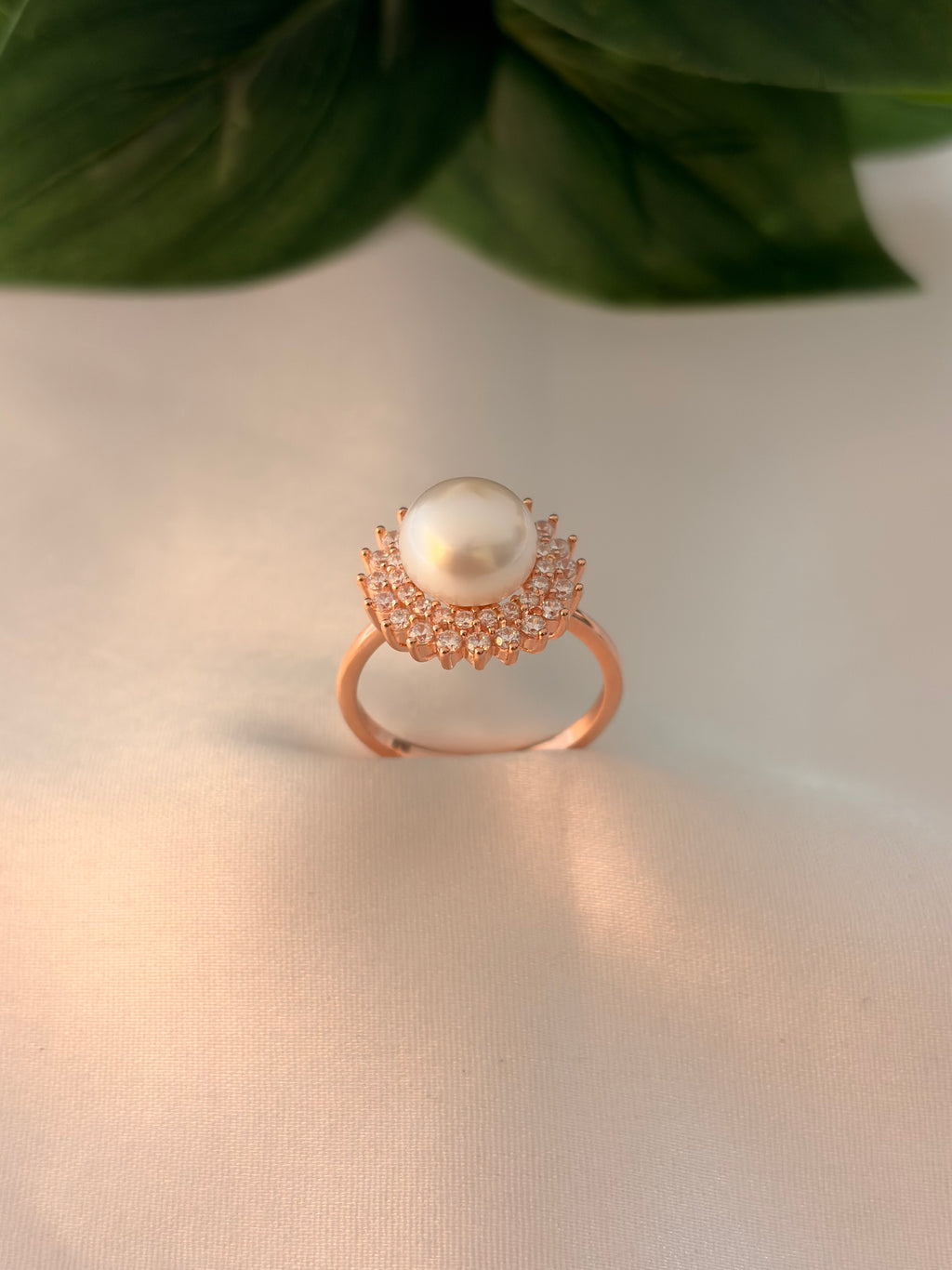 Rose Gold Pearl Sunburst Halo Ring