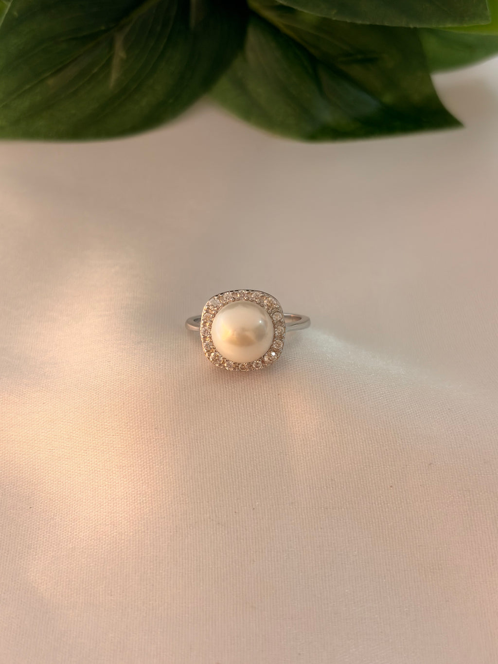 Silver Pearl Cushion Halo Statement Ring