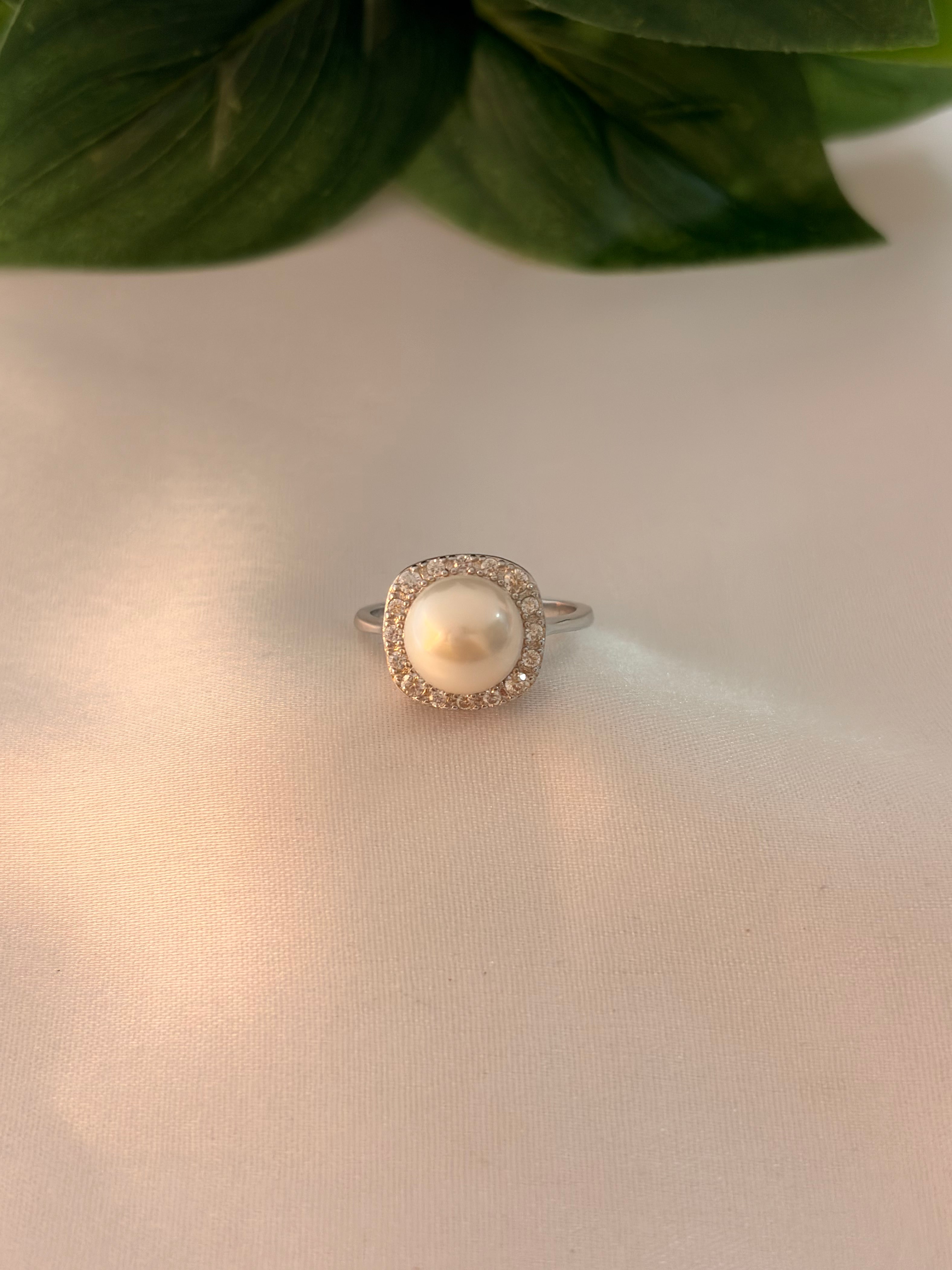 Silver Pearl Cushion Halo Statement Ring
