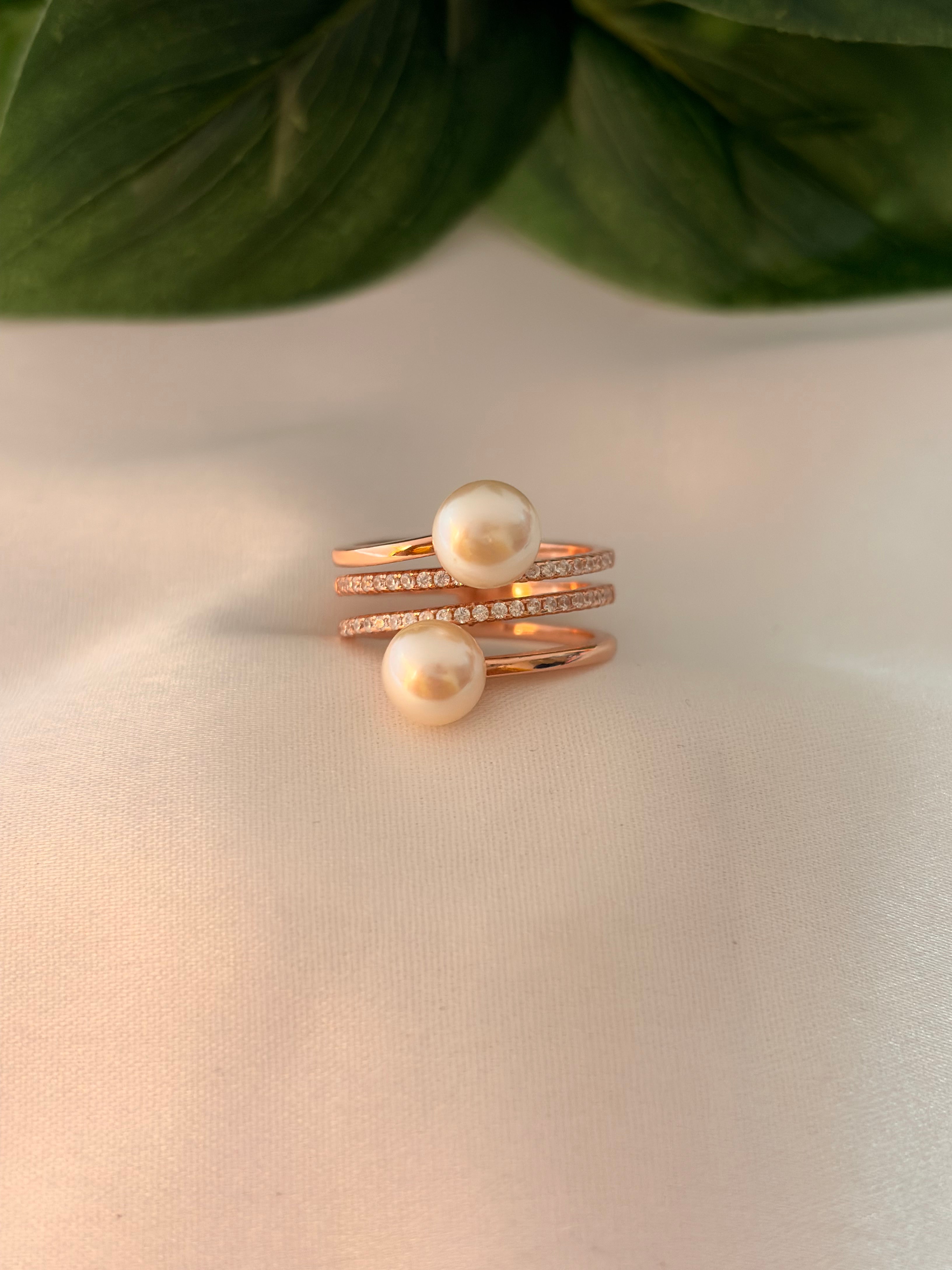 Rose Gold Dual Pearl Layered Wrap Ring
