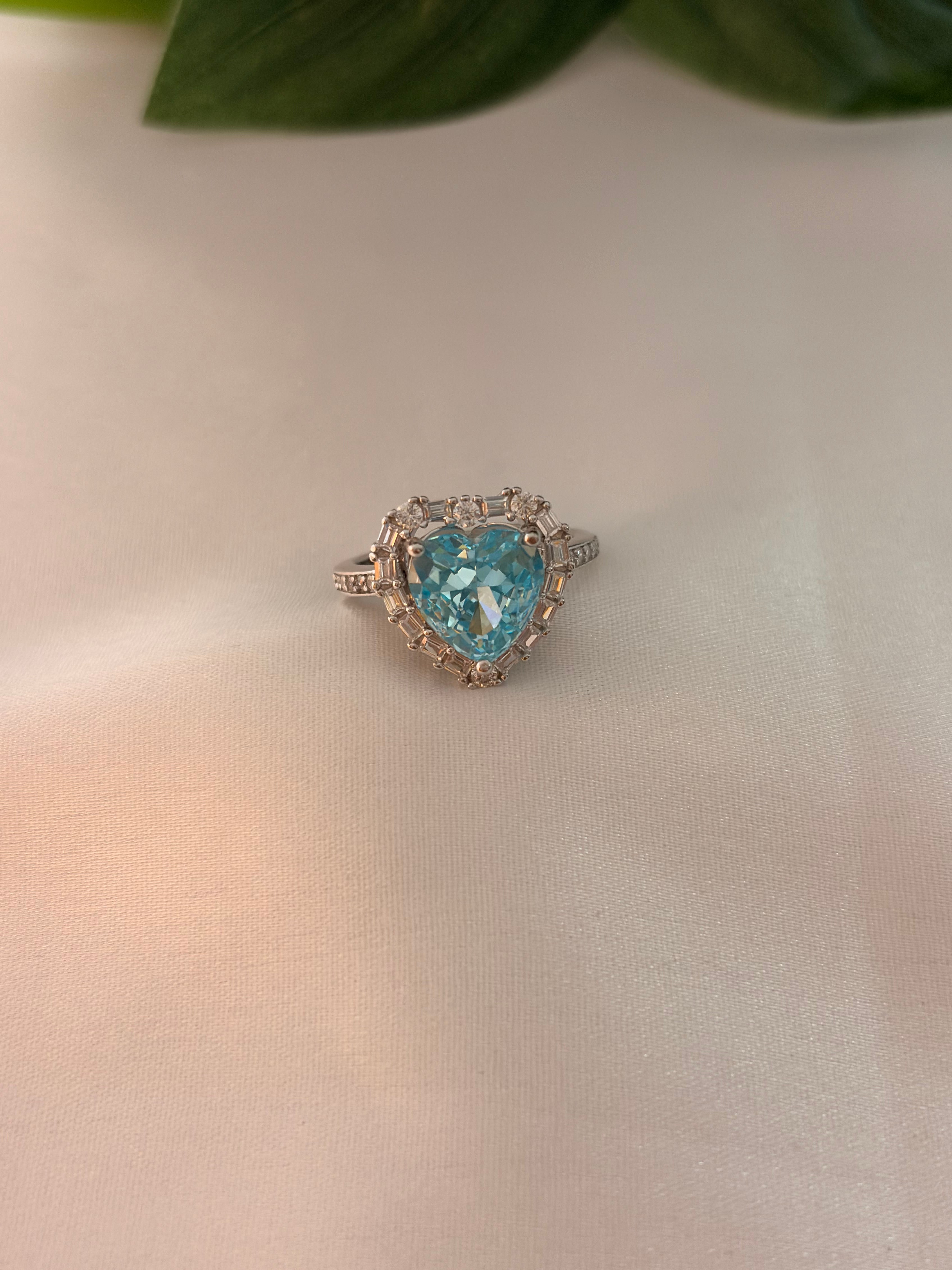 Blue Heart-Cut Halo Statement Ring