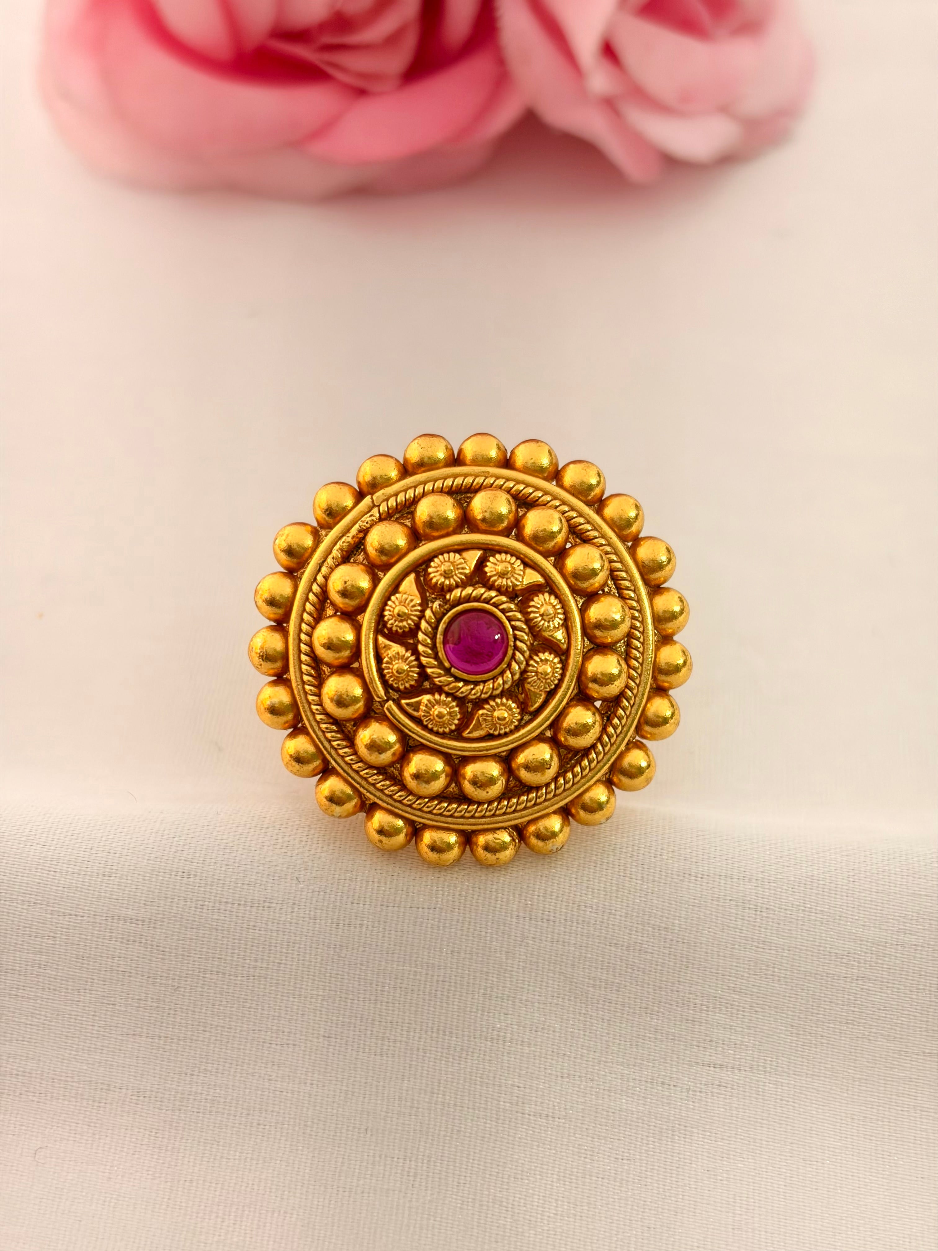 92.5 Sterling Silver Gold-Plated Antique Beaded Ring with Ruby Stone