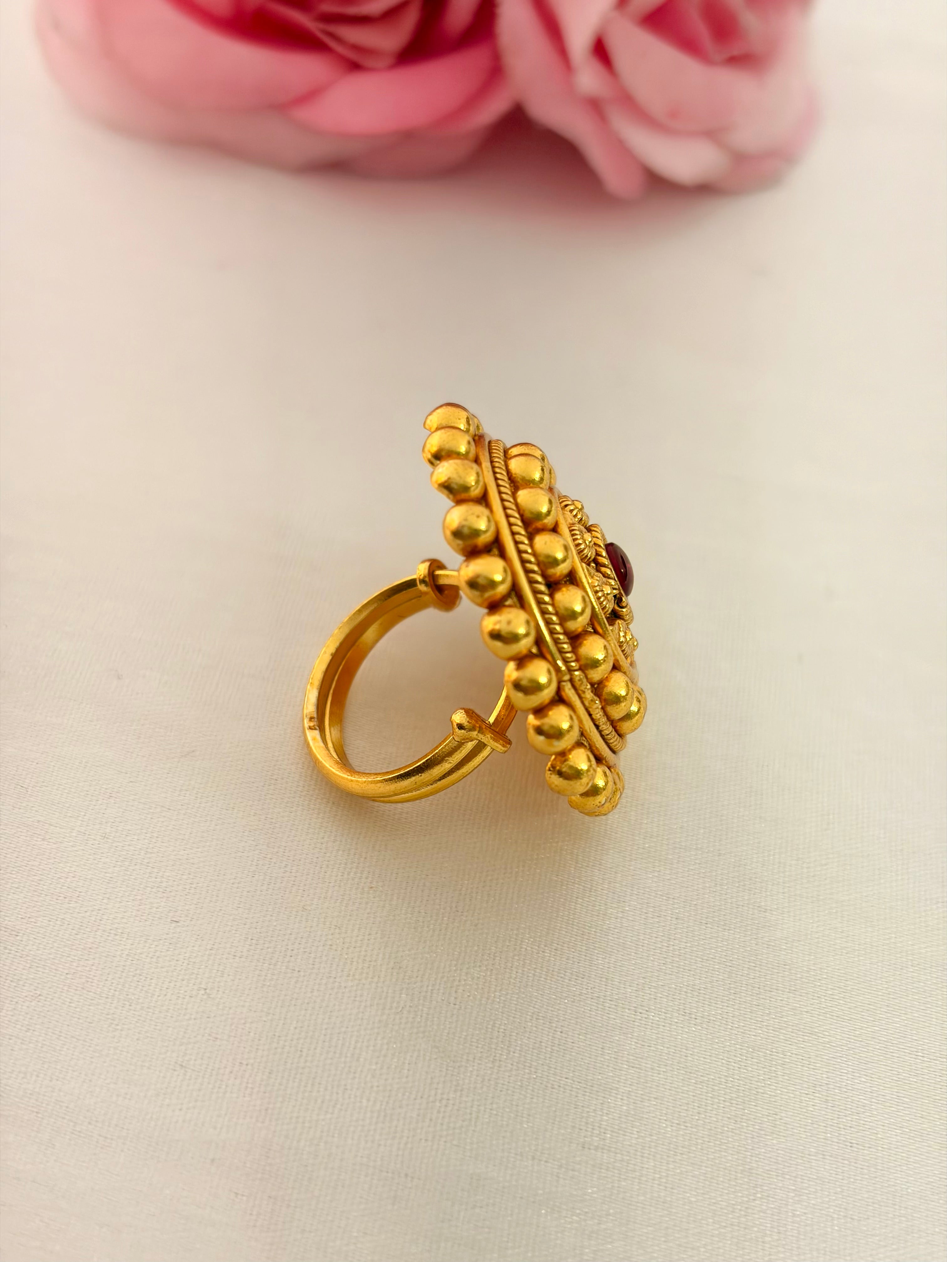 92.5 Sterling Silver Gold-Plated Antique Beaded Ring with Ruby Stone