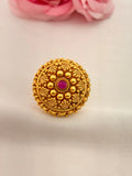 92.5 Sterling Silver Gold-Plated Antique Beaded Floral Ring with Ruby Stone