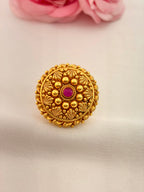 92.5 Sterling Silver Gold-Plated Antique Beaded Floral Ring with Ruby Stone